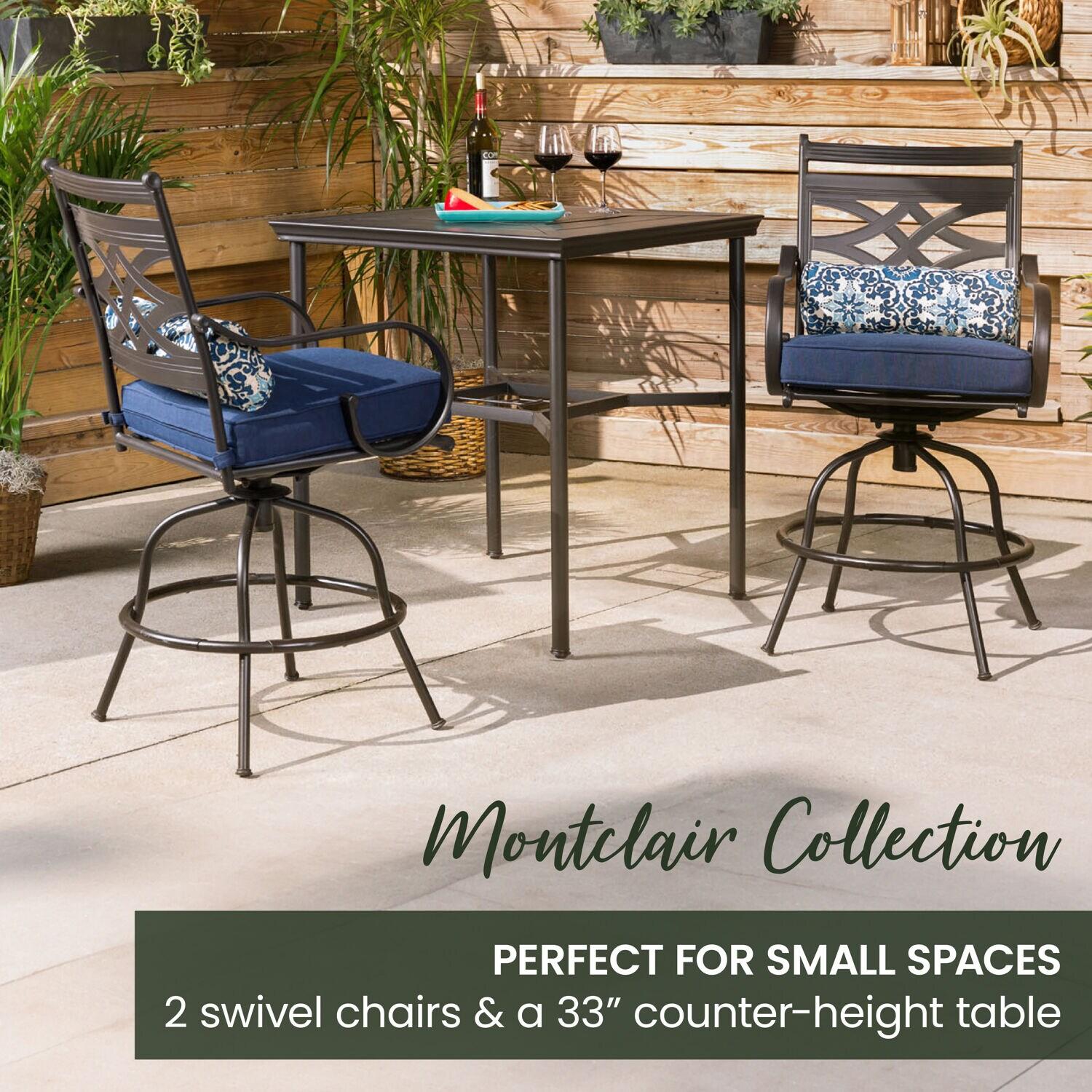 Hanover Montclair 3 Pcs Steel Outdoor High-Dining Set, Navy Blue