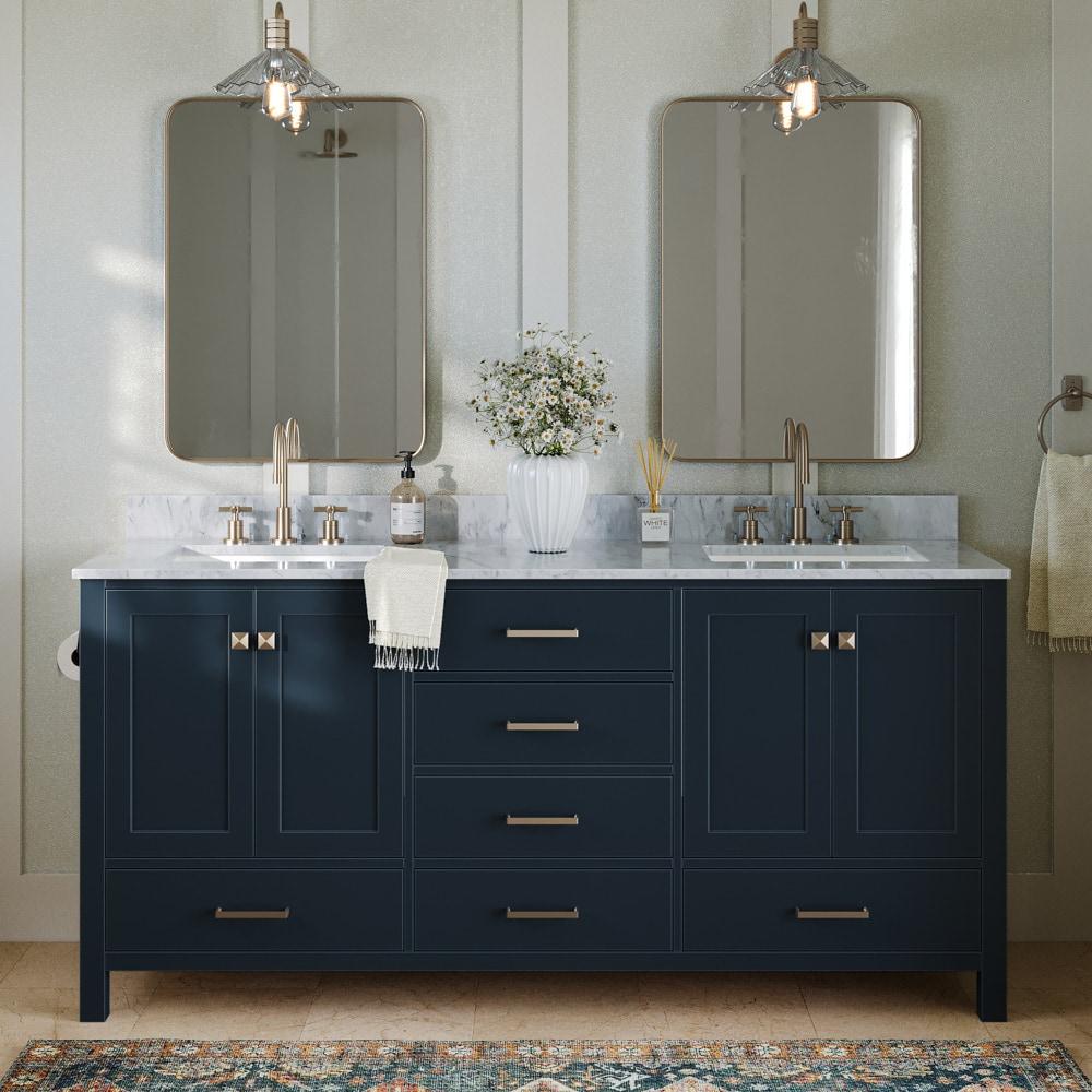 Midnight Blue Double Sink Vanity with White Marble Top