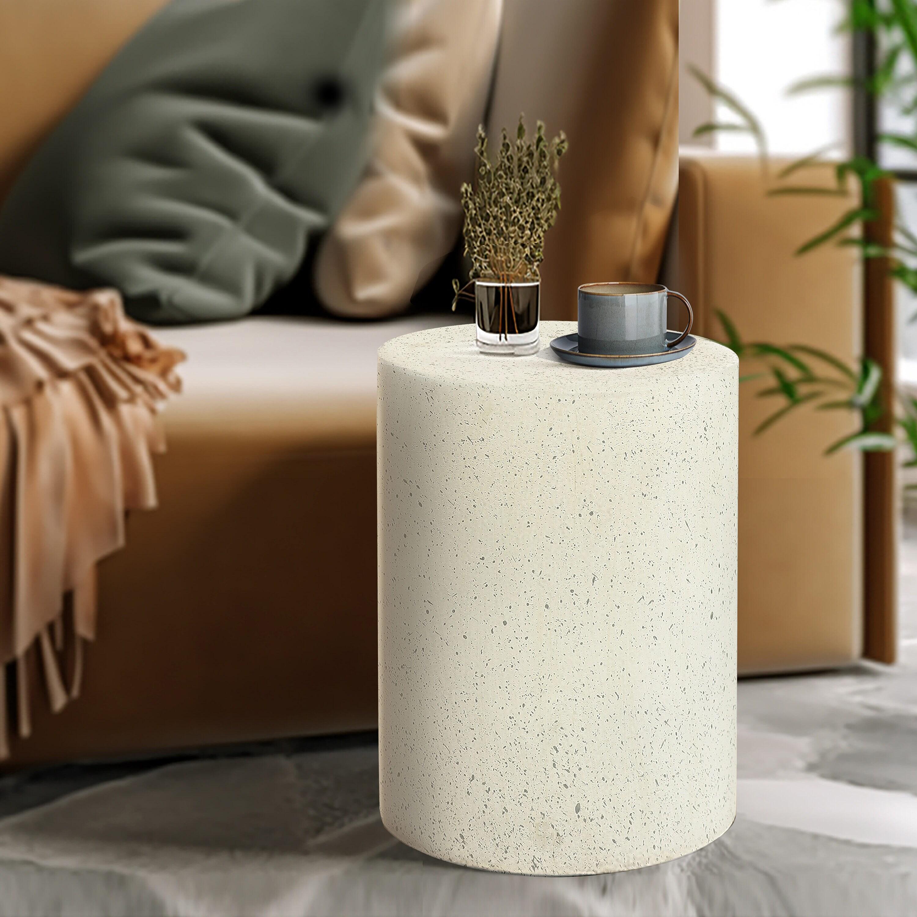 LuxenHome Patio Side Table, 18'' Cream with Speckled Gray Cement Round End Table,Accent Table for Outdoor Indoor, Garden Stool Plant Stand Off-White
