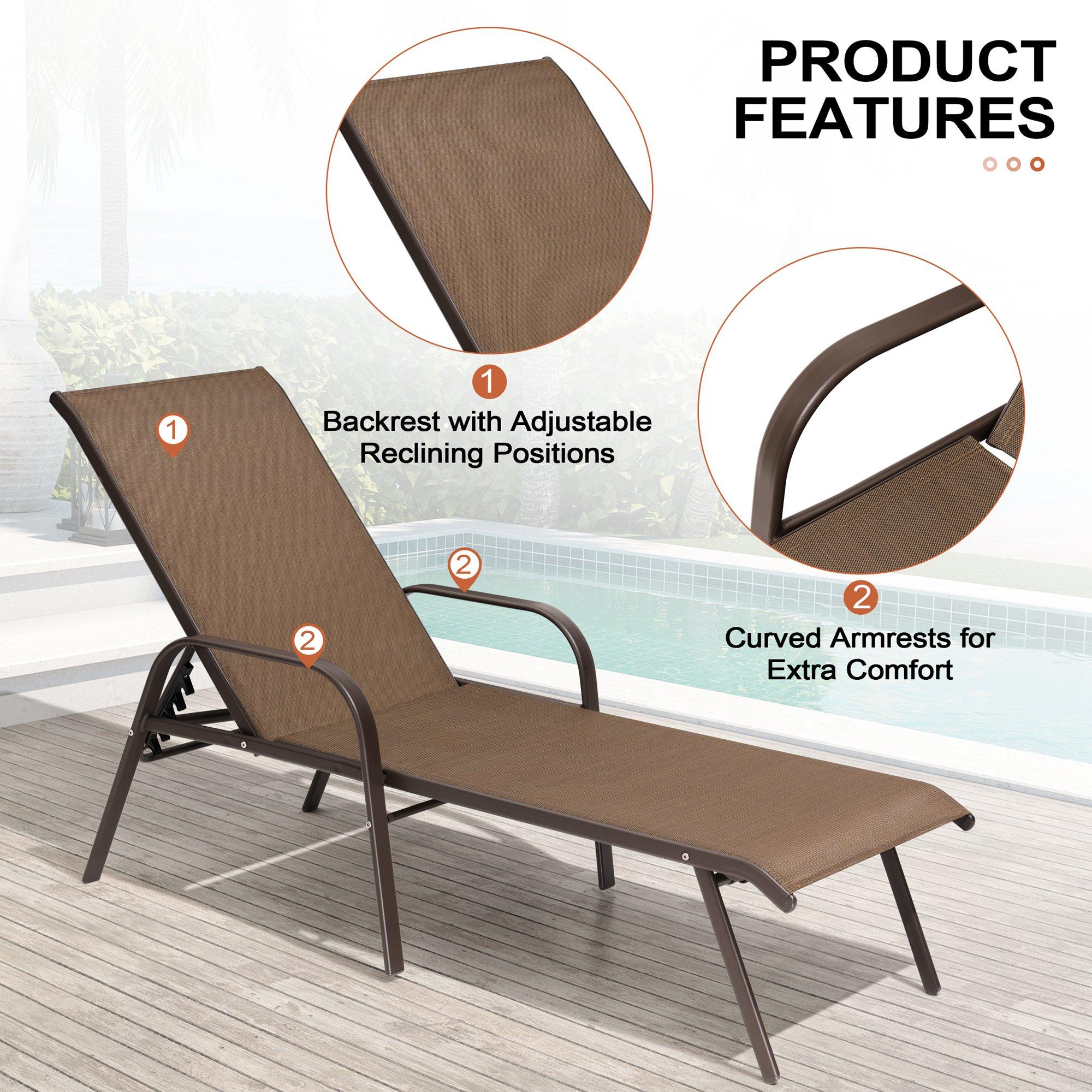 Crestlive Products Set of 2 Outdoor Chaise Lounge Steel Patio Chairs, Brown