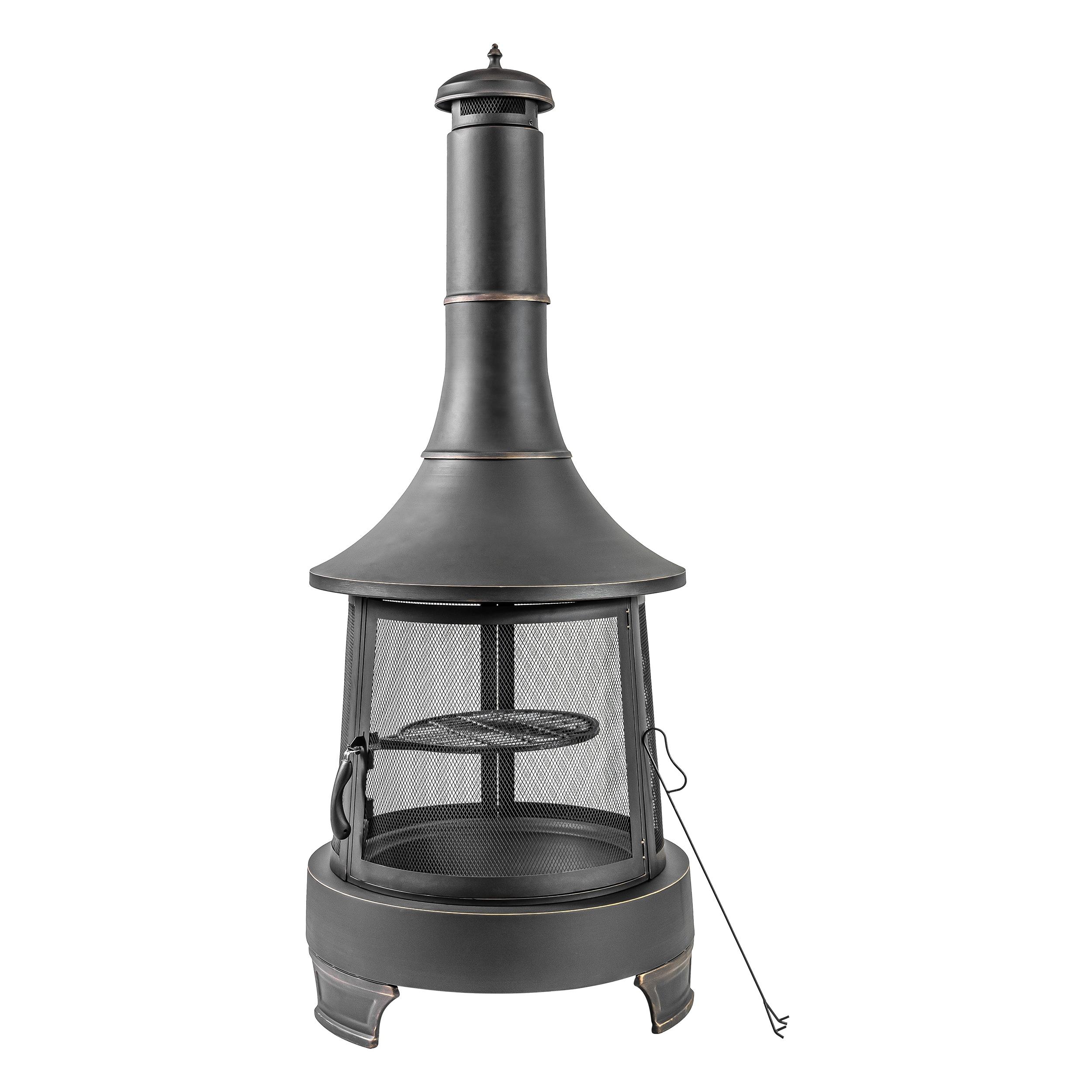 Deko Living Deko Living 30 Inch Diameter Outdoor Steel Wood Burning Chimney Firepit with Cast Iron Cooking Grill and Poker