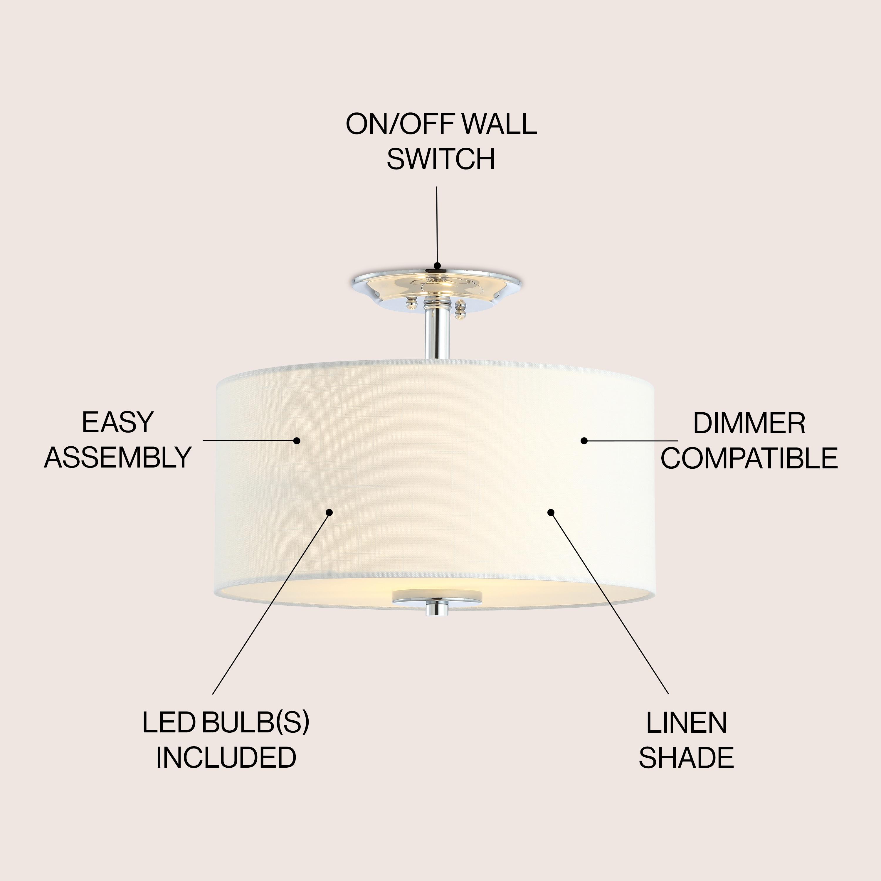 15" Marc Metal/Linen LED Semi-Flush Mount Chrome - JONATHAN Y: ETL Listed, 2-Light Fixture