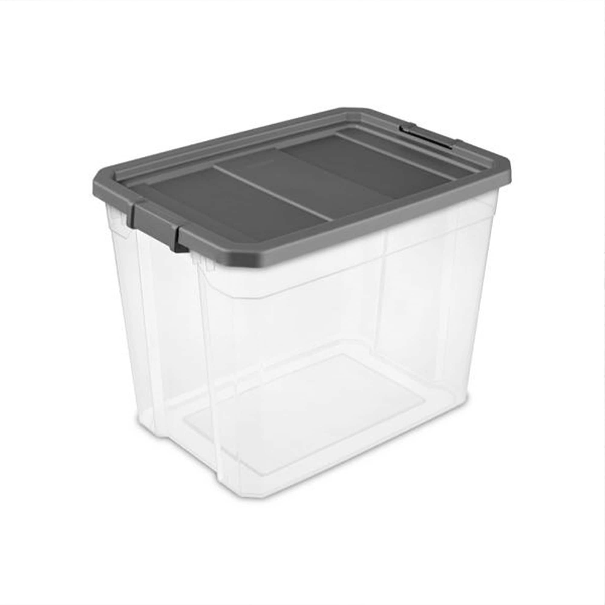 Sterilite 108 Quart Plastic Stacker Box, Lidded Storage Bin Container for Home and Garage Organizing, Shoes, Tools, Clear Base & Gray Lid, 8-Pack