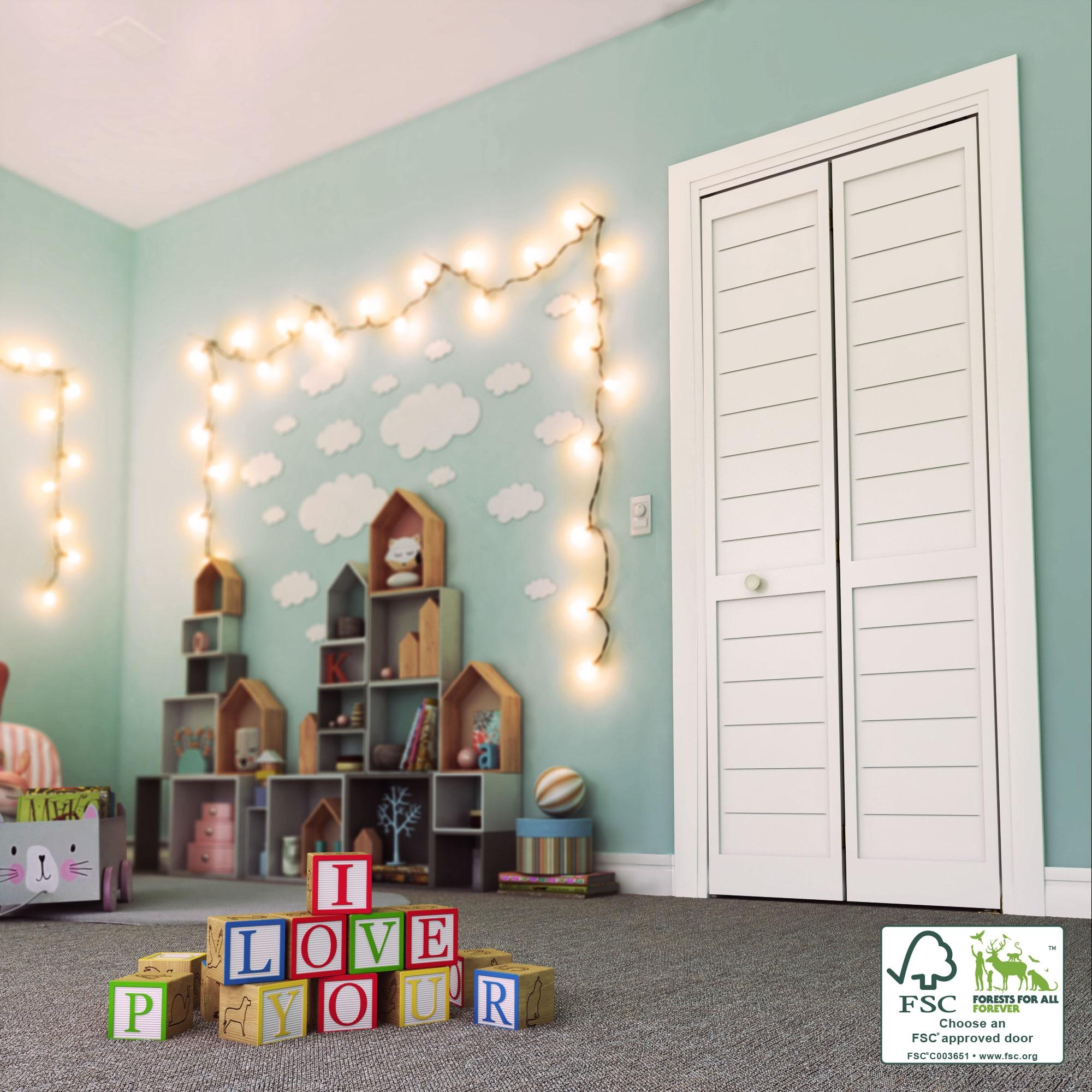 EightDoors 80-in Louvered Wood Finished Painted Flat Bi-Fold Door