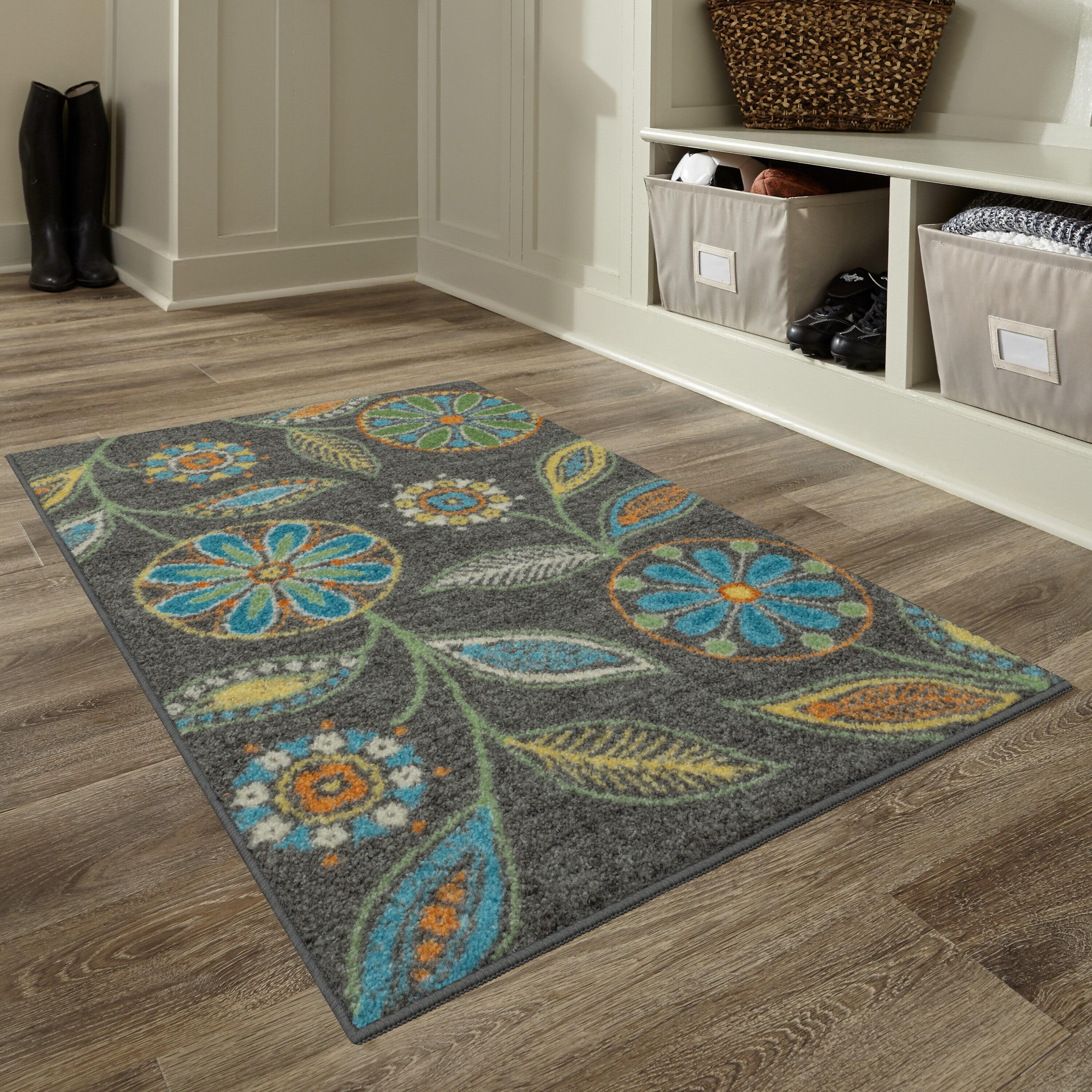 Gray Floral Tufted Washable Accent Rug