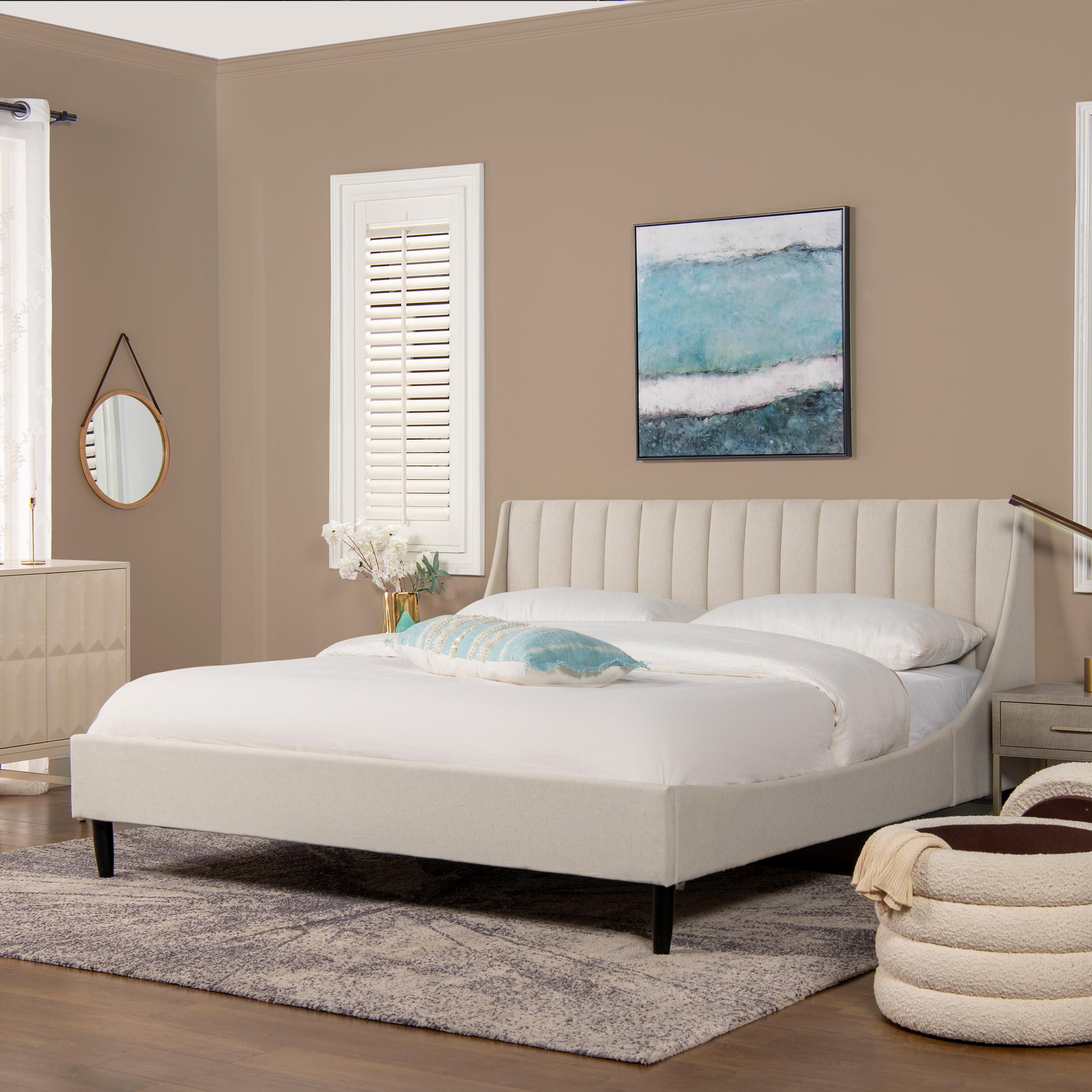 Aspen Vertical Tufted Headboard Platform Bed Set King Light Beige Linen