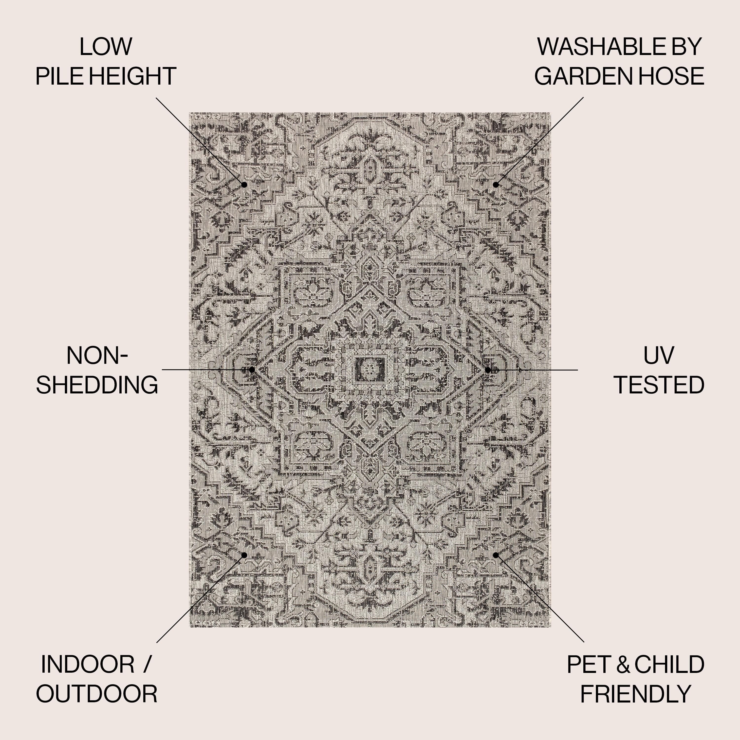5' Round Estrella Bohemian Medallion Textured Weave Indoor/Outdoor Area Rug, Black/Gray - JONATHAN Y