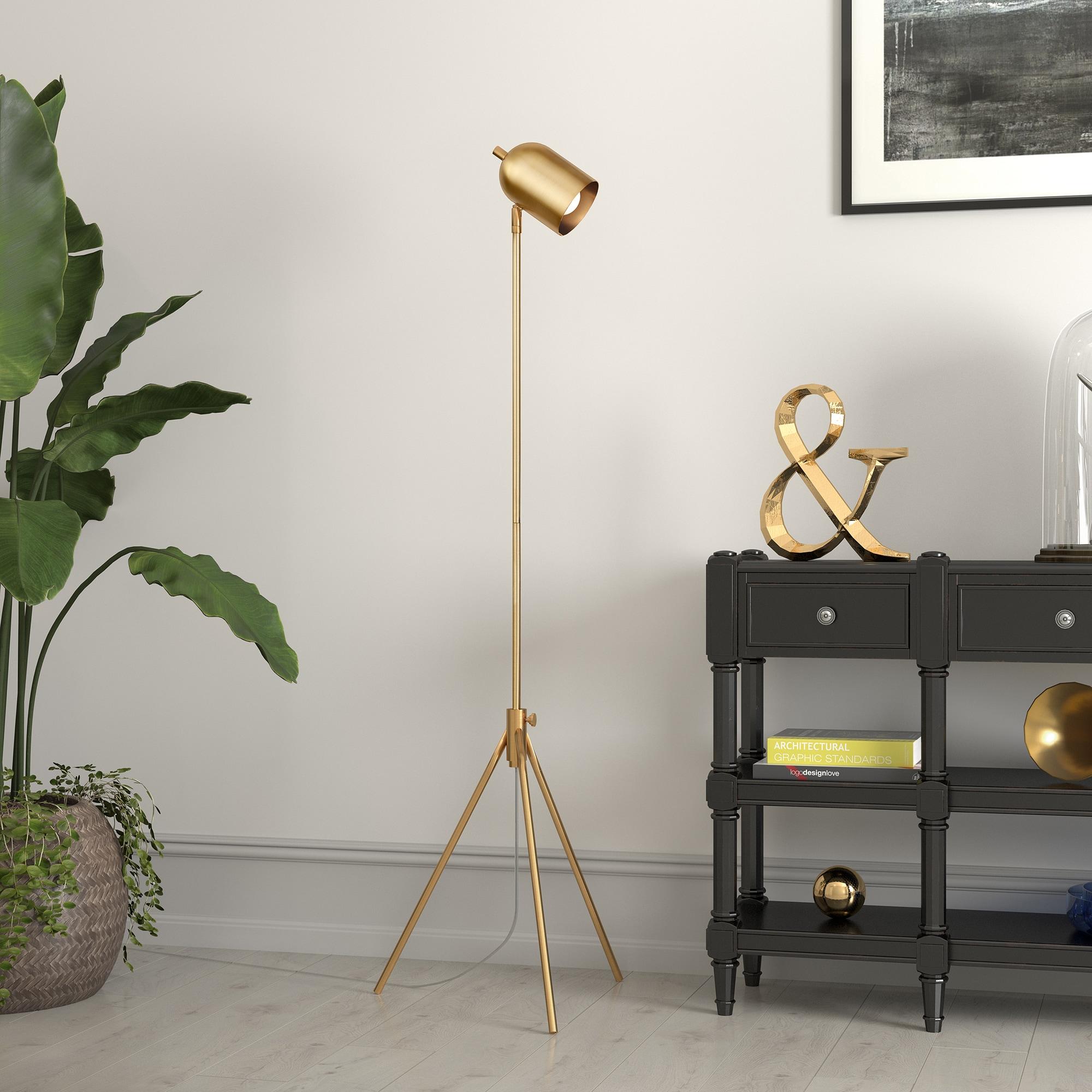 Evelyn&Zoe Bruno Tripod Floor Lamp with Metal shade in Brass/Brass