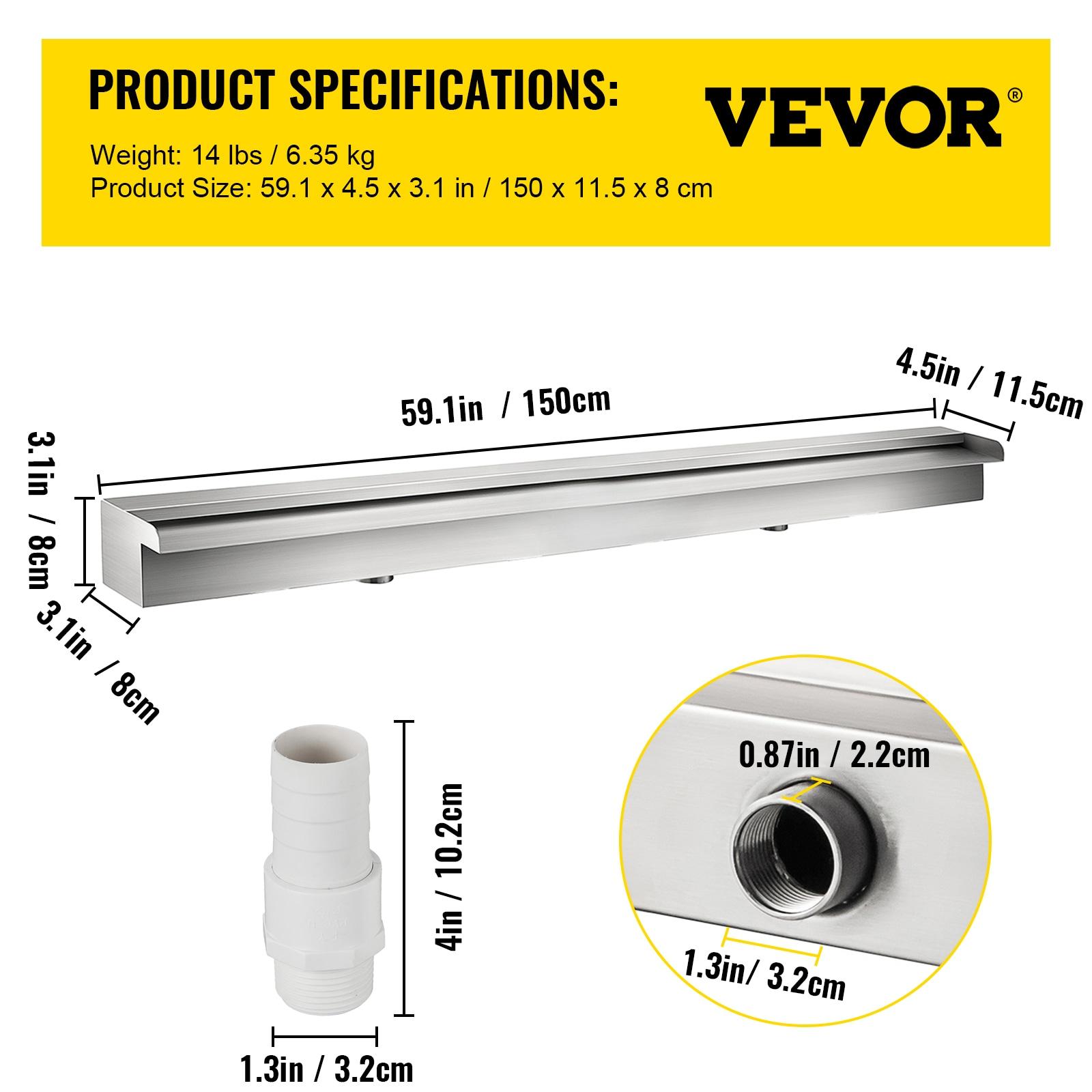 VEVOR Pool Fountain Stainless Steel Pool Waterfall Spillway with Pipe Connector Rectangular Garden Outdoor (59.1")