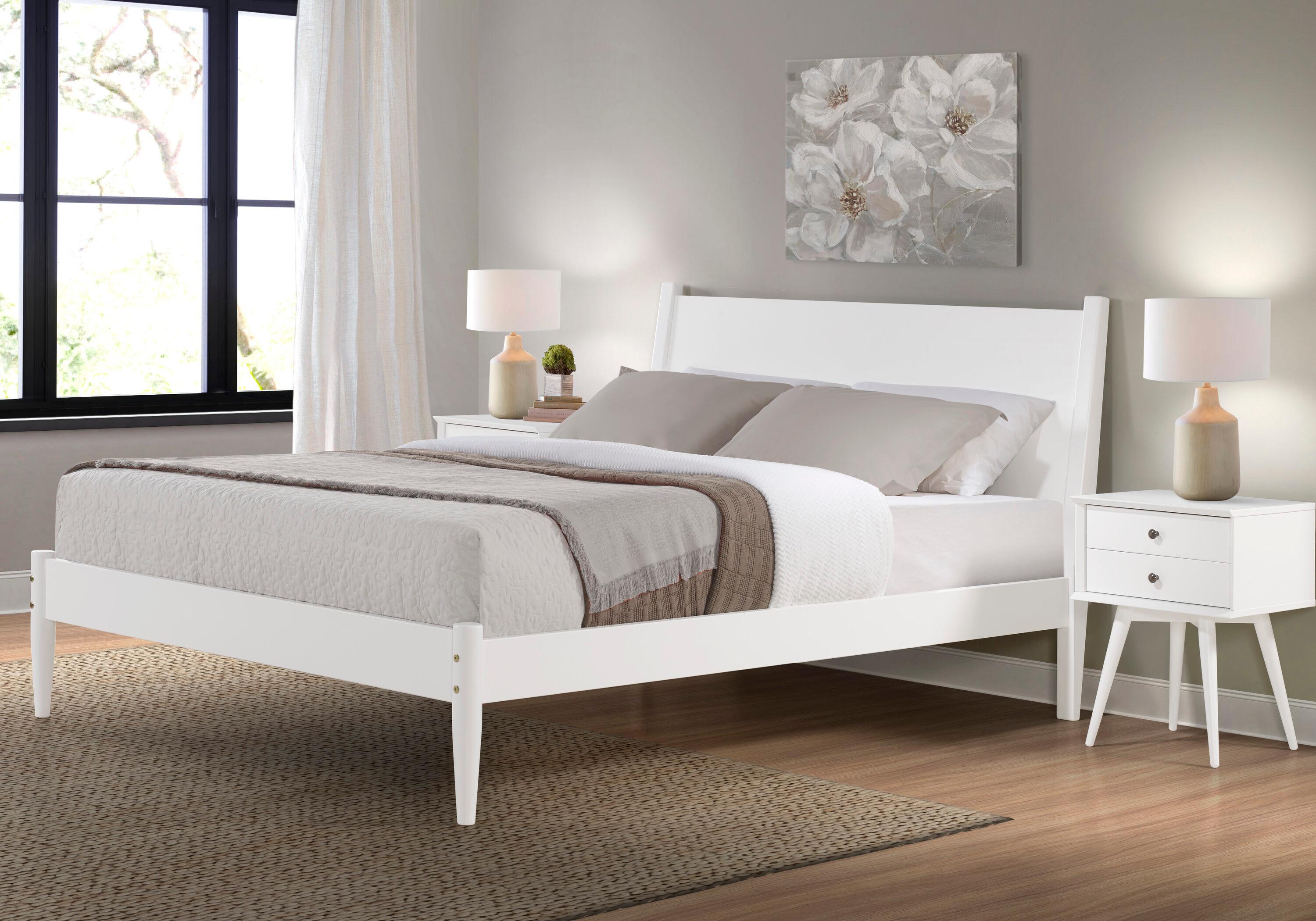 Camaflexi Mid Century Platform Bed Wood Panel Bed Frame with Headboard, Queen, White