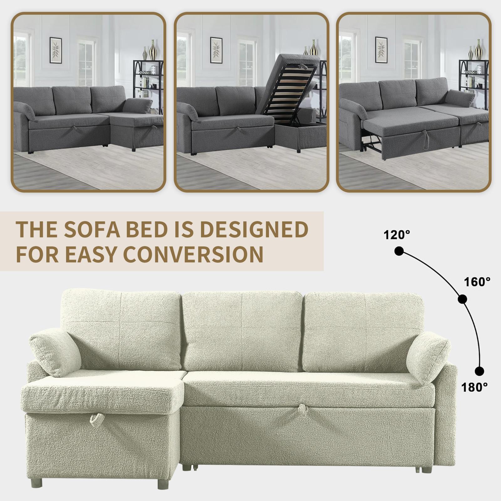 84.2" Sleeper Sofa Bed,Pull Out Sofa Bed with Storage Chaise L Shape Sectional Sofa Bed in Beige