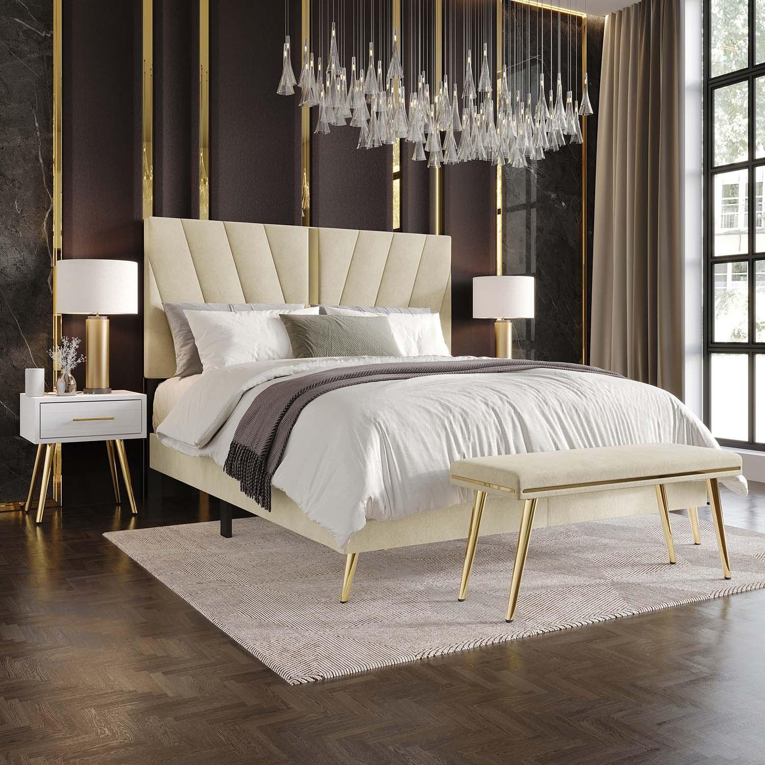 Castle Place Contemporary Velvet Full Upholstered Bed with 2 Nightstand and Bench, Champagne