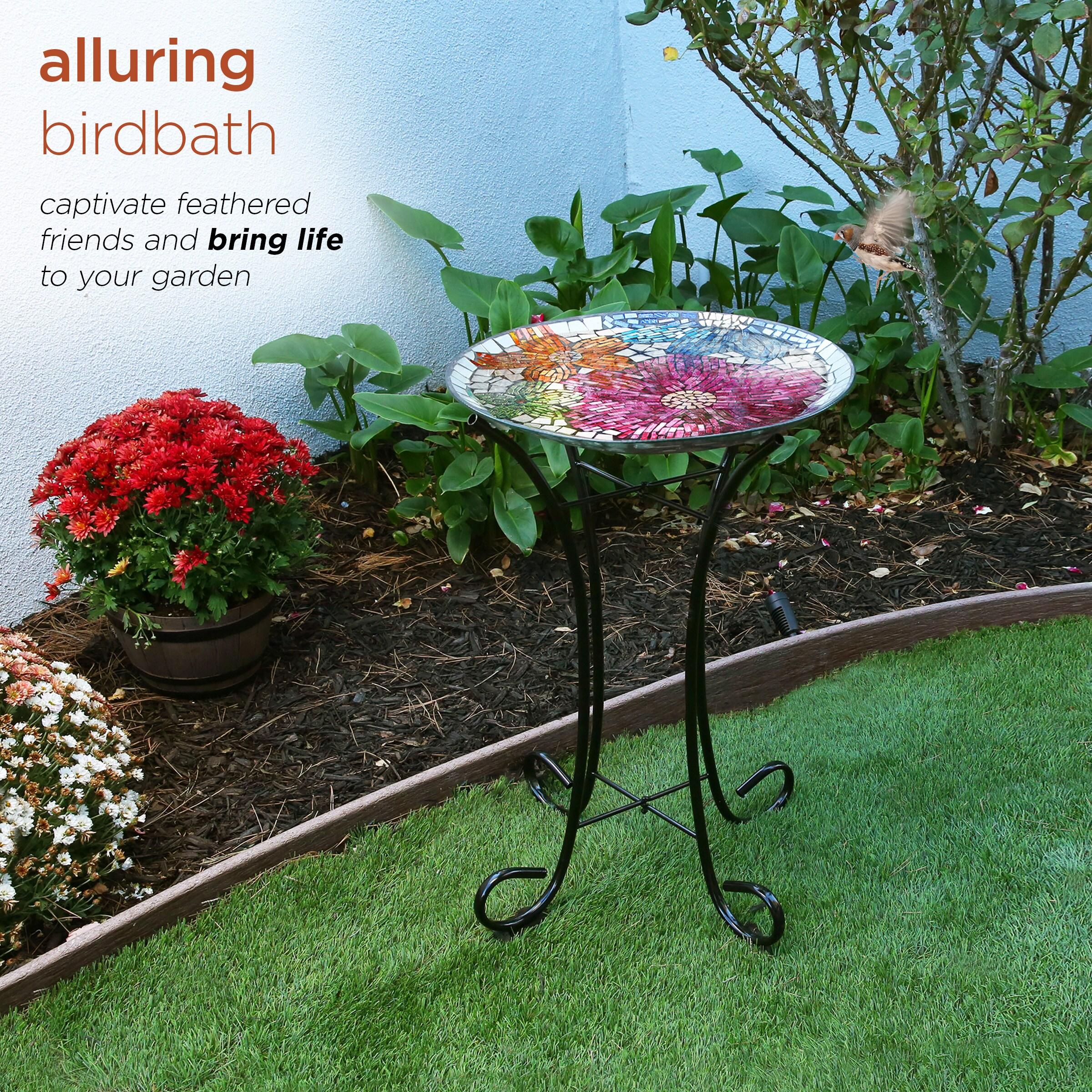 23" Outdoor Floral Glass Birdbath Bowl with Metal Stand - Alpine Corporation