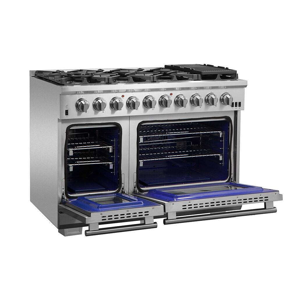 Capriasca 48-inch Gas Range Stainless Steel, 8 Brass Burners 160,000 BTU, 6.58 cu.ft. Double Ovens