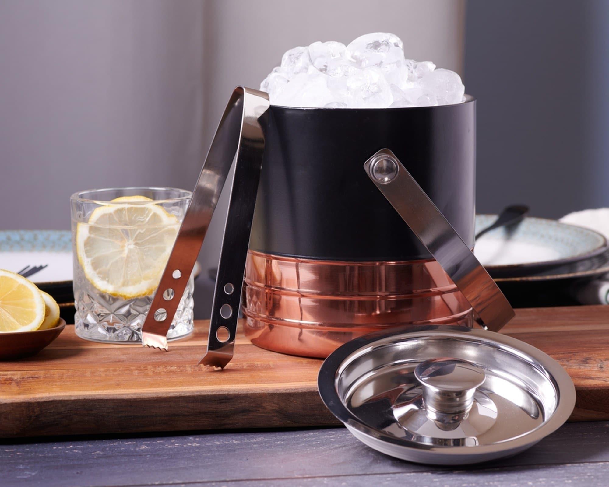 Sol Living  Ice Bucket Double Wall Stainless Steel with Lid and Tongs Copper and Black