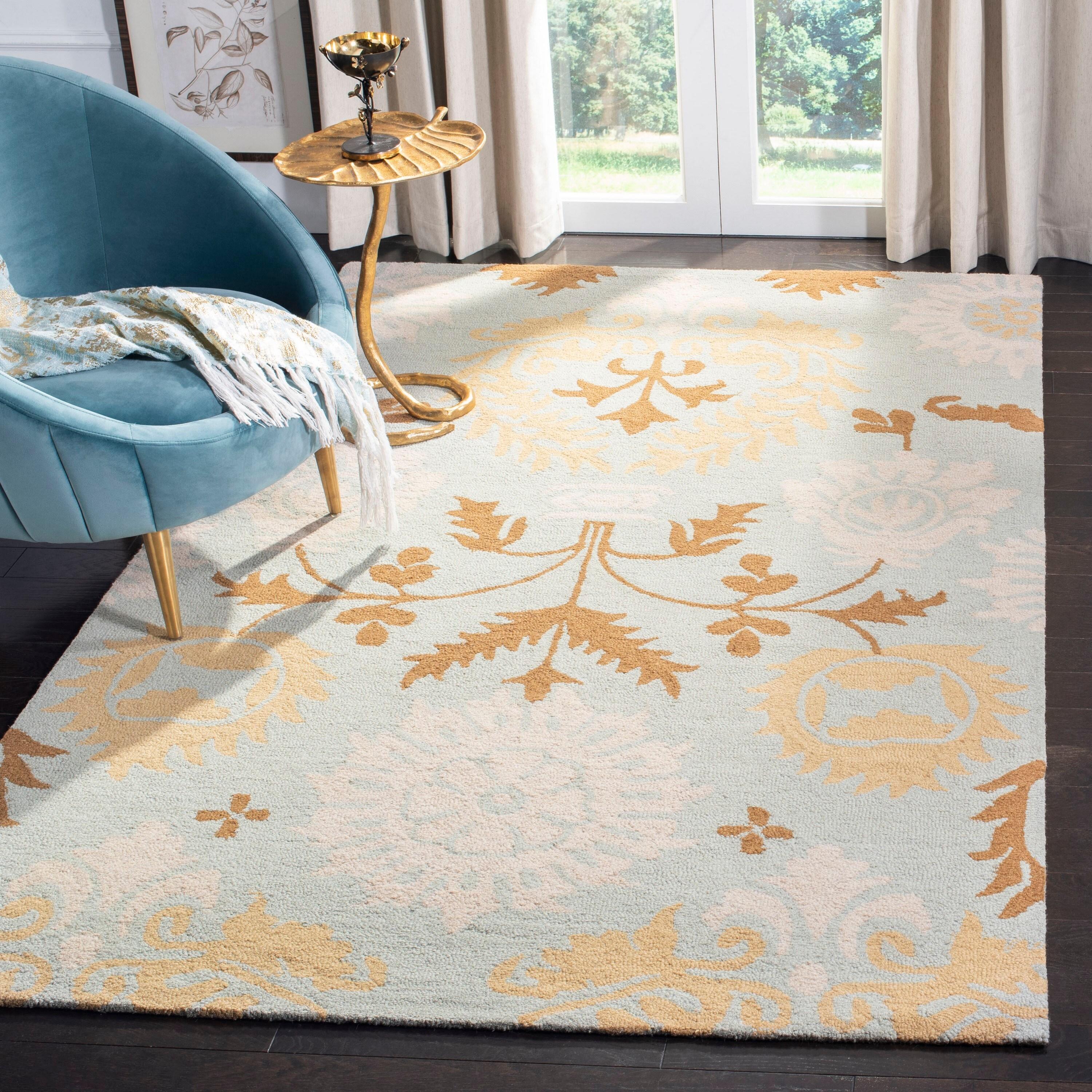 Blue Floral Handmade Wool 8' x 10' Area Rug