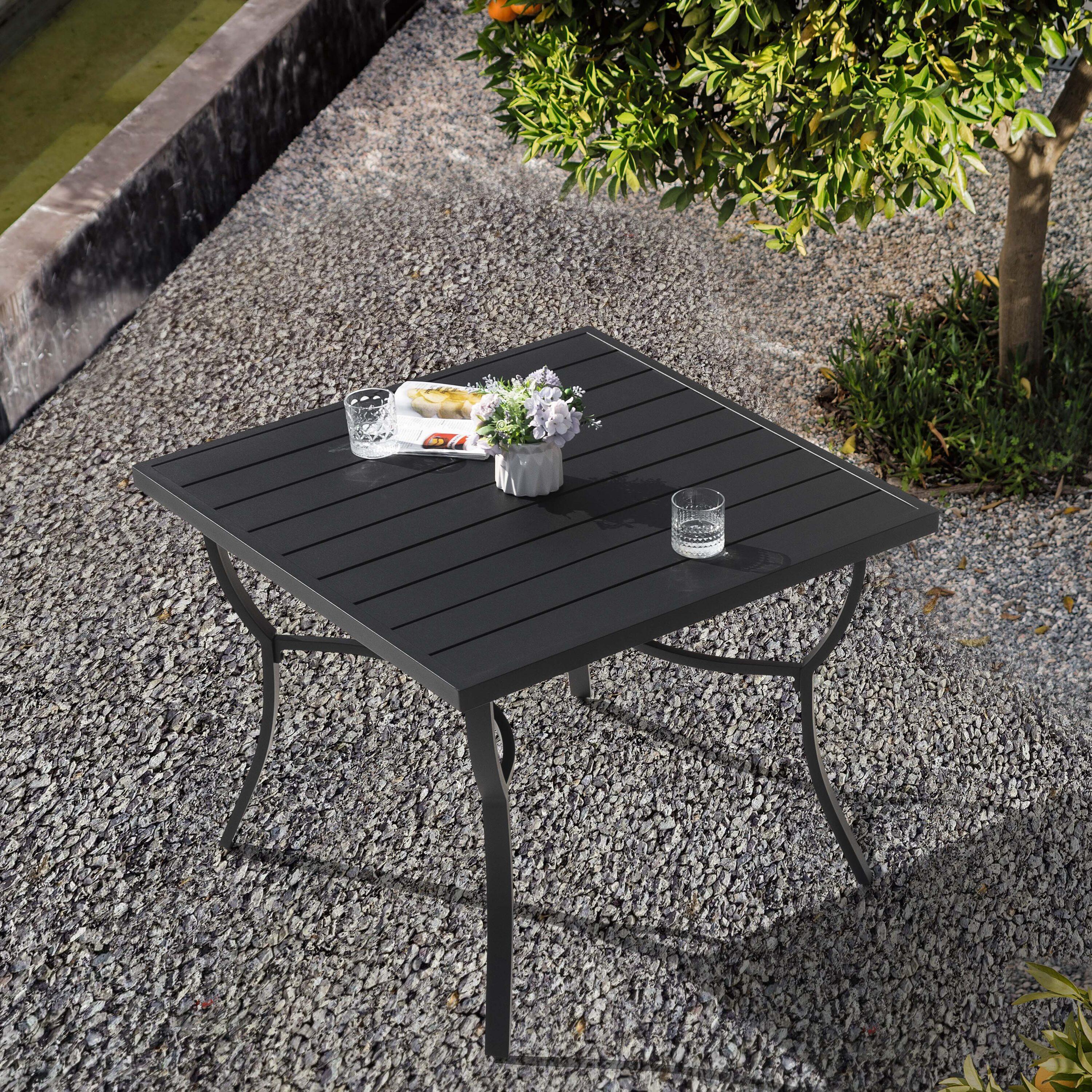 Nuu Garden Cast Aluminum All-Weather Square Outdoor Dining Table with Umbrella Hole, Black