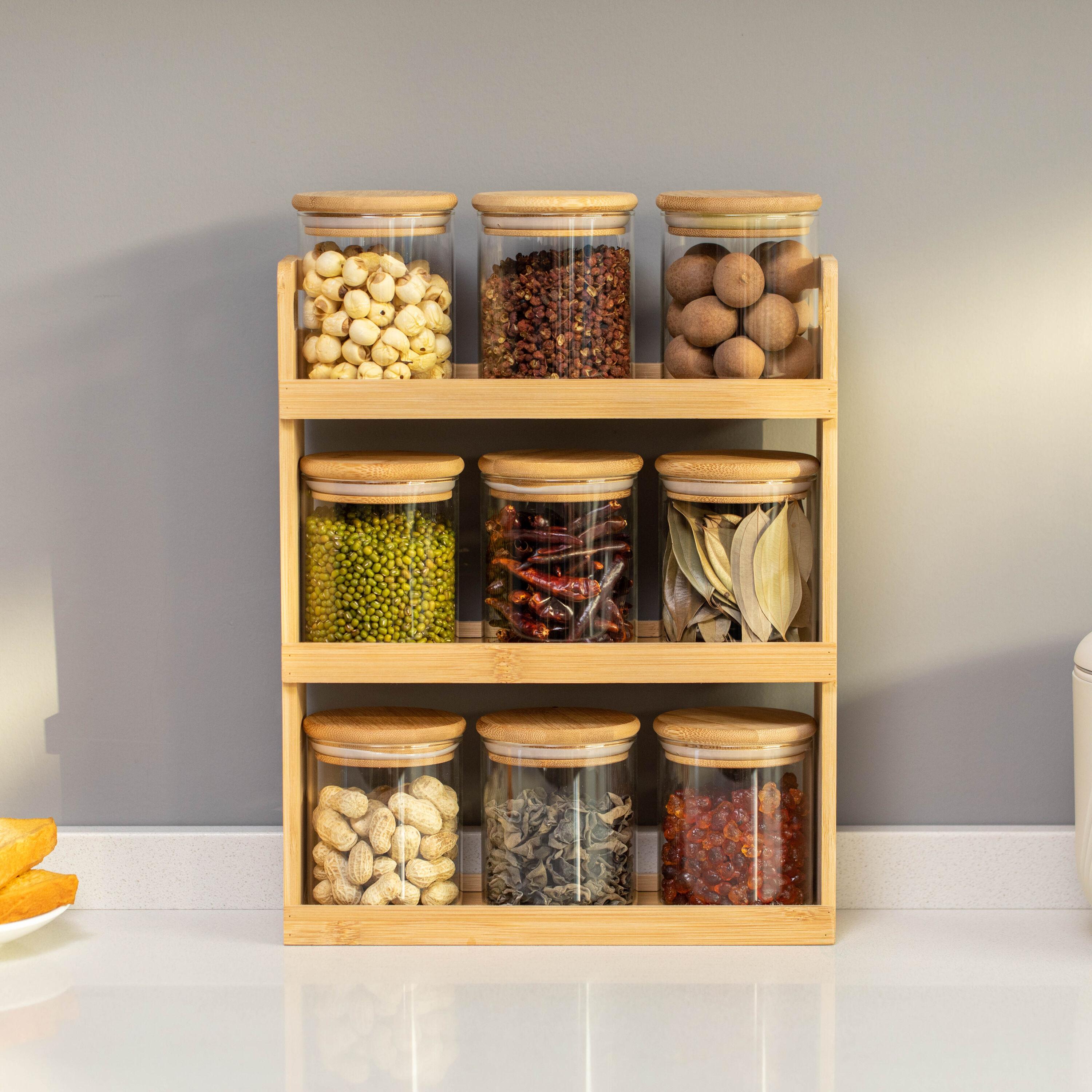 Rebrilliant Rebrilliant Versatile 3-tier Bamboo Spice Rack And Pantry Organizer With 9 Glass Jars – Perfect For Countertop Storage In Kitchens To Keep Seasoning Containers Neatly Displayed And Easily Accessible