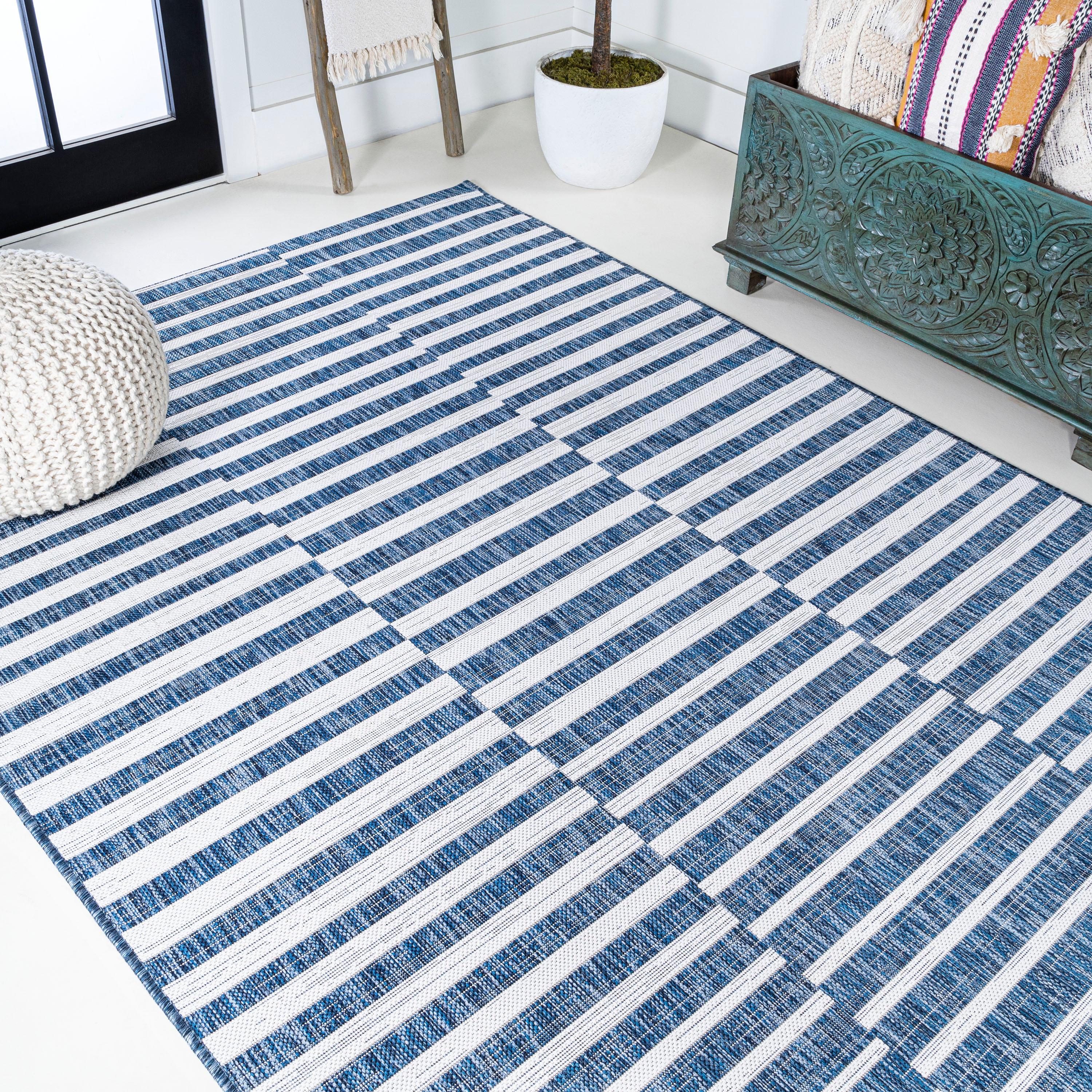 3'x5' Sukie Modern Offset Stripe Indoor/Outdoor Area Rug, Blue/Ivory - JONATHAN Y