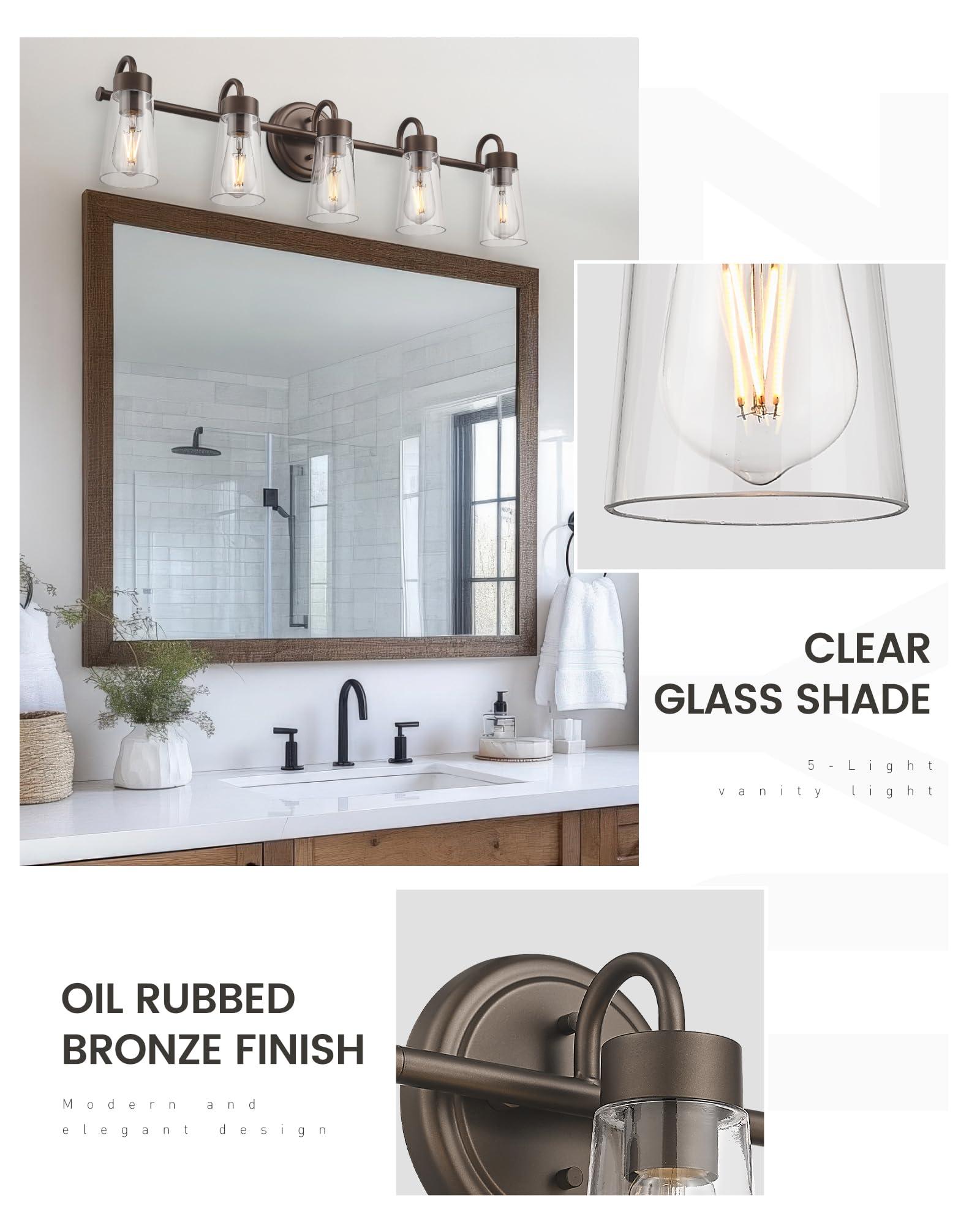 zeyu 33" 5-Light Bathroom Vanity Light, Farmhouse Bathroom Lighting Fixture, Oil Rubbed Bronze Finish with Clear Glass, ZTH108B-5W ORB