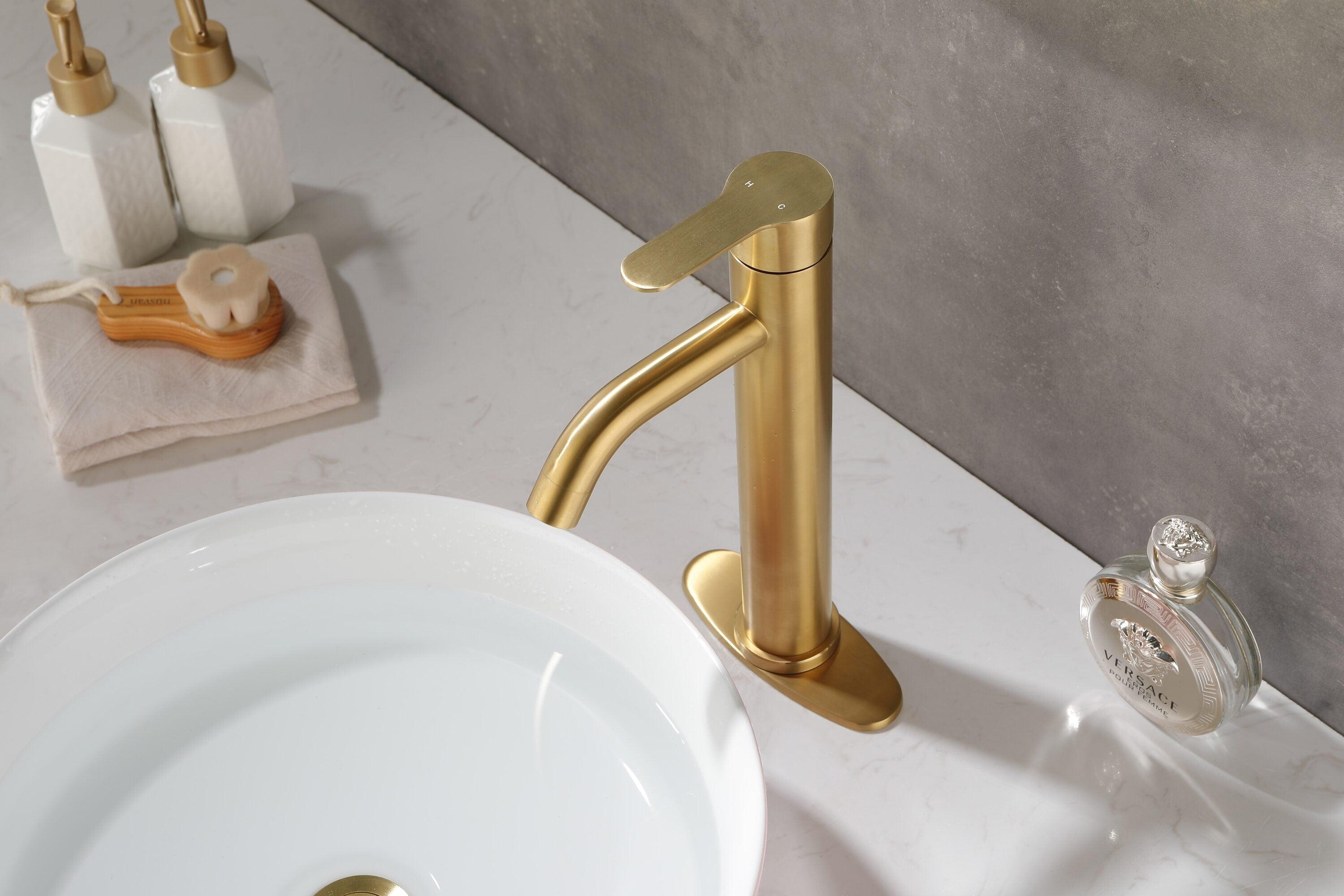 Gold Bathroom Faucets | Waterfall Single Hole Bathroom Sink Faucet with Deck Plate, 1 Hole Or 3 Hole for 4 Inch Brushed Gold Vanity Faucet with Pop-Up Drain Single Handle Lavatory Faucet