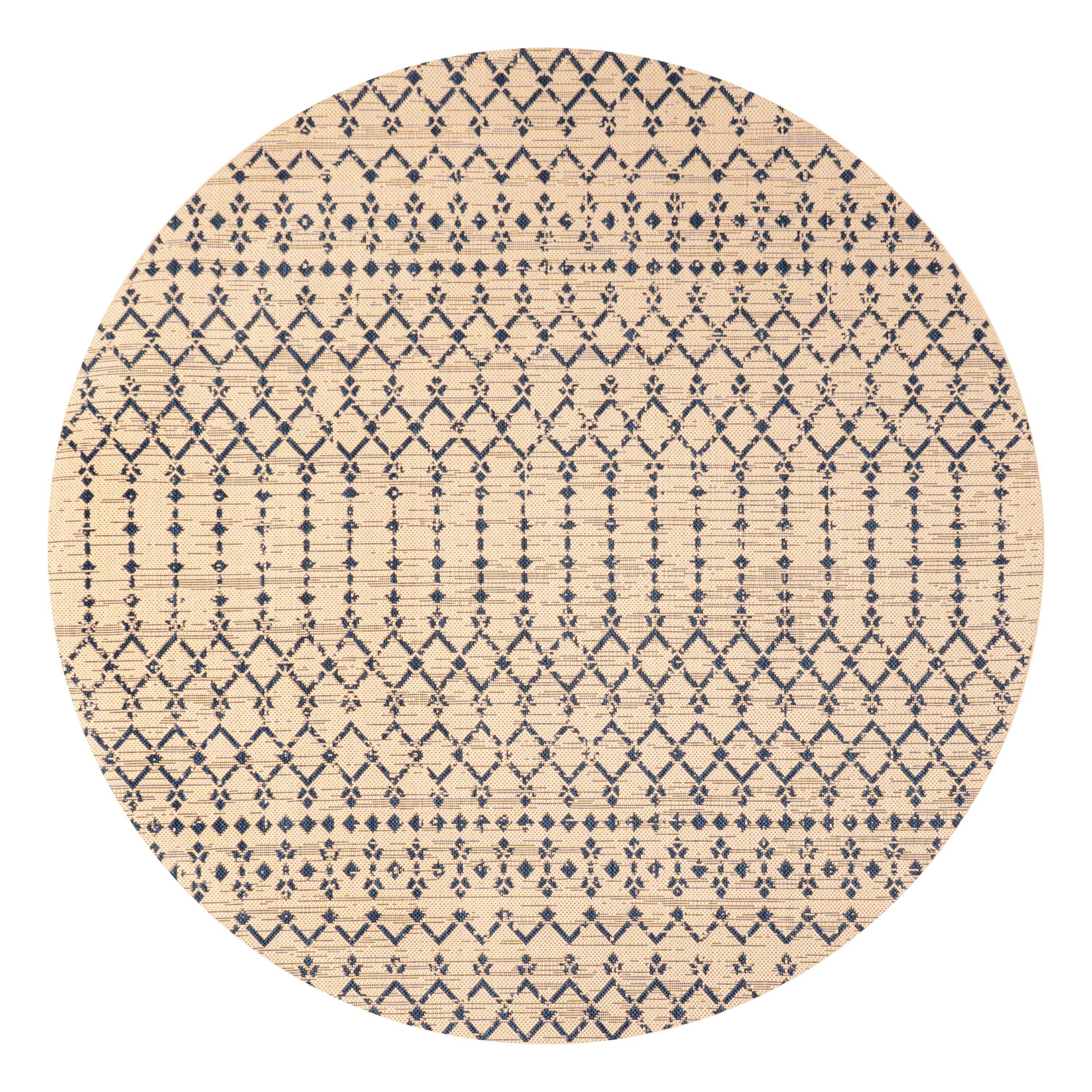 5' Round Ourika Moroccan Geometric Textured Weave Indoor/Outdoor Area Rug, Beige/Navy - JONATHAN Y