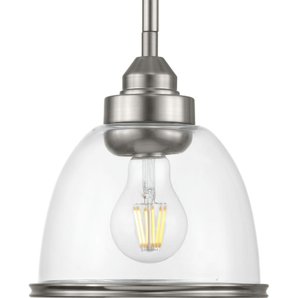 Progress Lighting Saluda 1-Light Mini-Pendant, Brushed Nickel, Clear Glass Shade