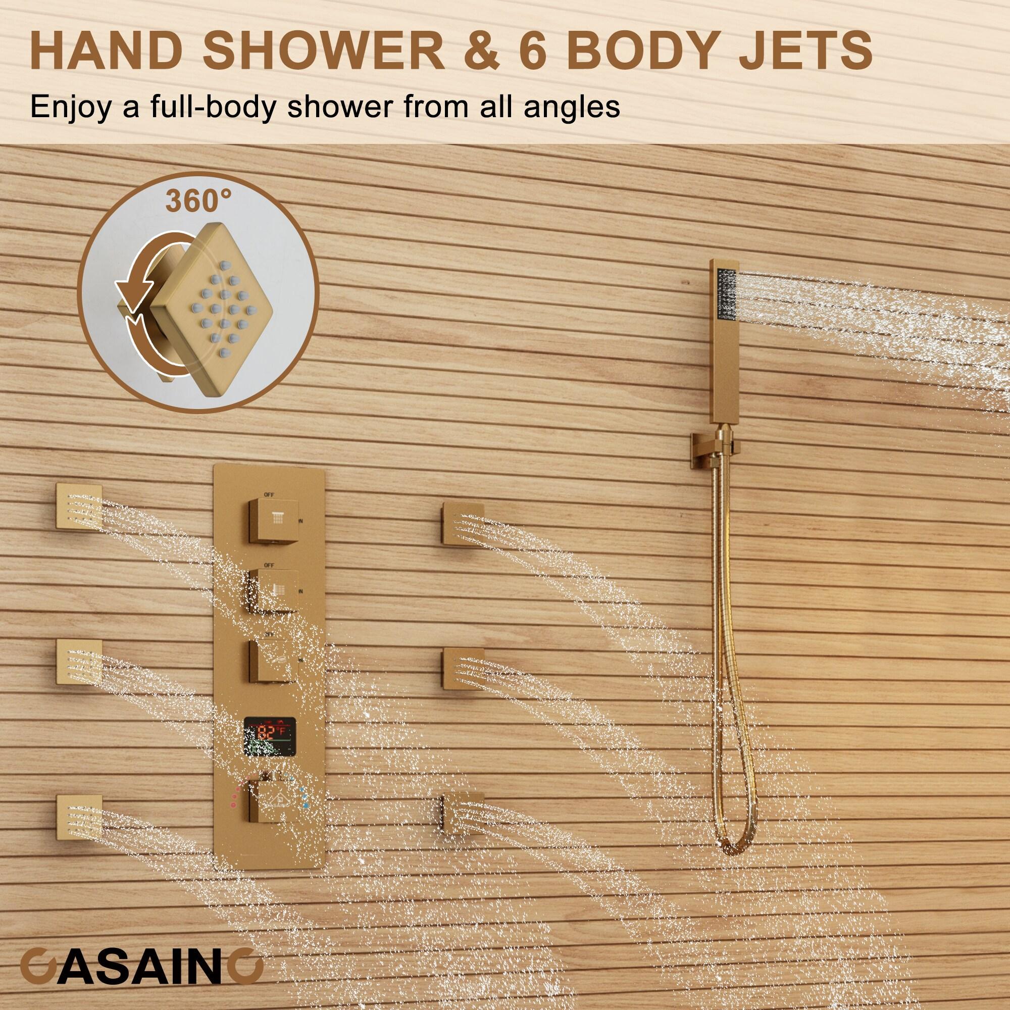 CASAINC KCHS0017-12BG 12 Inch Rainfall Thermostatic Shower System with Body Spray and Temperature Display