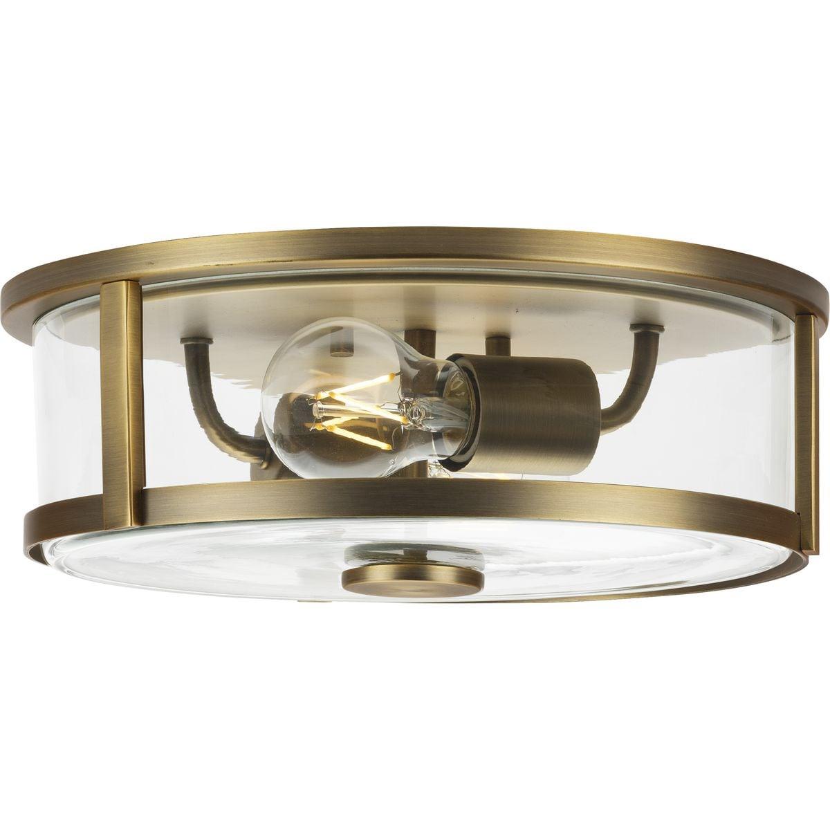 Progress Lighting Gilliam 2-Light Flush Mount, Vintage Brass, Clear Curved Glass