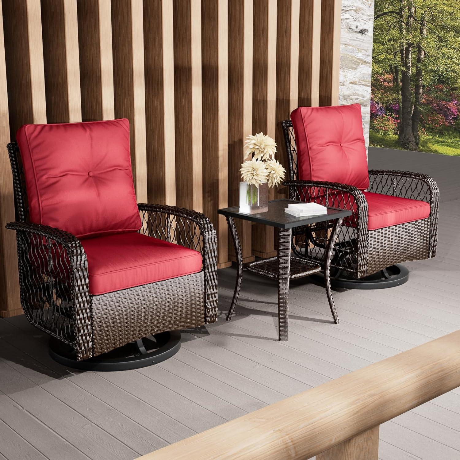 ECOPATIO 3 Pieces Patio Furniture Set, Outdoor Swivel Gliders Rocker, Wicker Patio Bistro Set with Rattan Rocking Chair, Glass Top Side Table and Thickened Cushions for Porch Deck Backyard(Red)