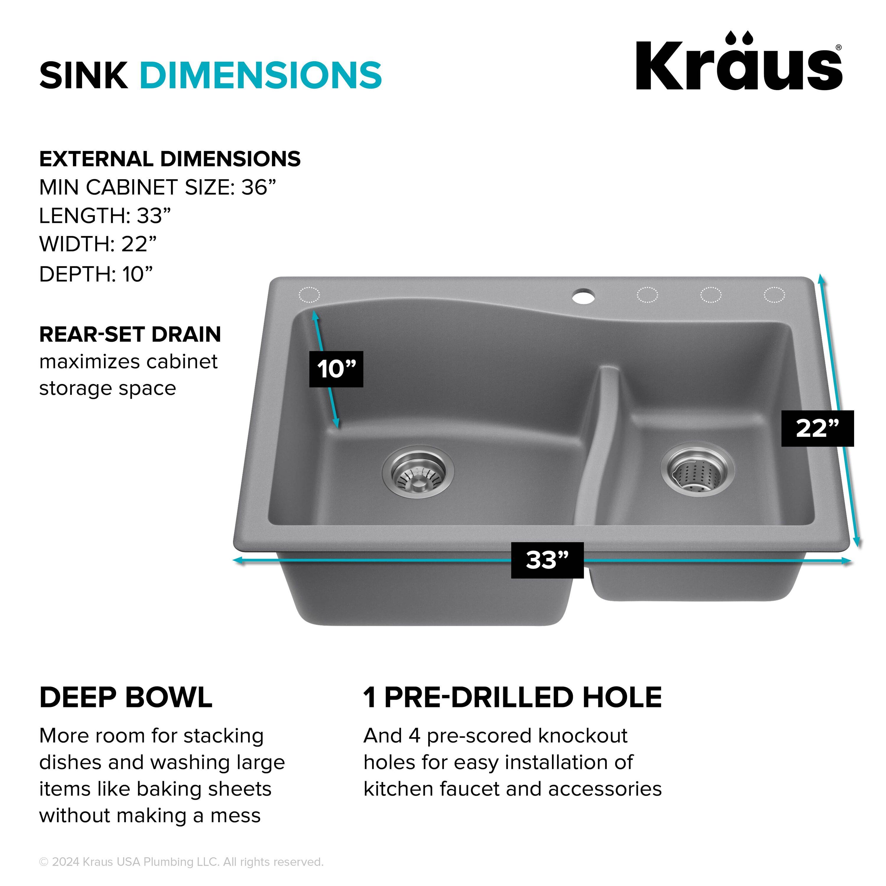 Kraus KRAUS Quarza™ 33" L Dual Mount 60/40 Double Bowl Granite Kitchen Sink KGD-442GREY