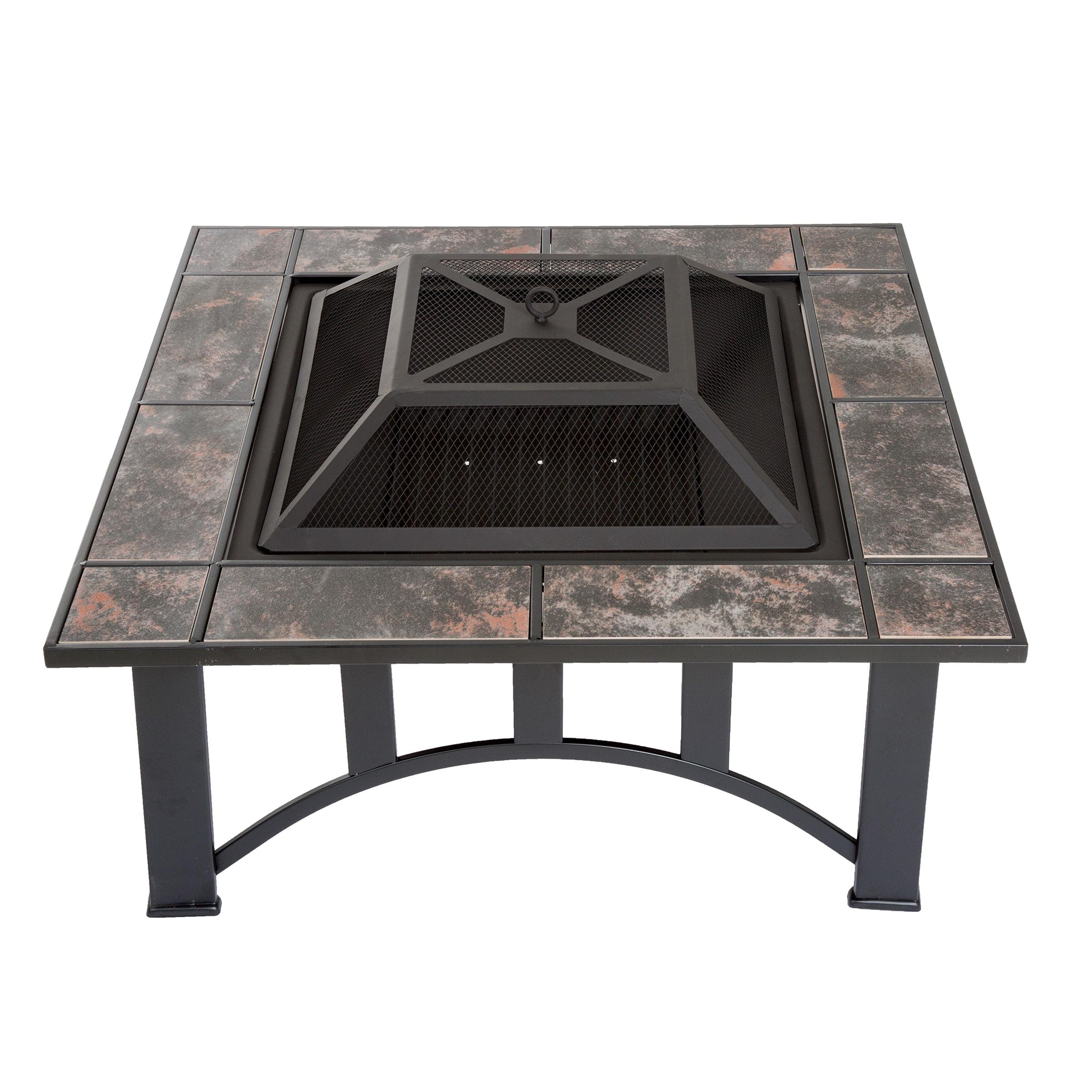 Nature Spring 33" Square Fire Pit With Tile Surround – Black and Orange