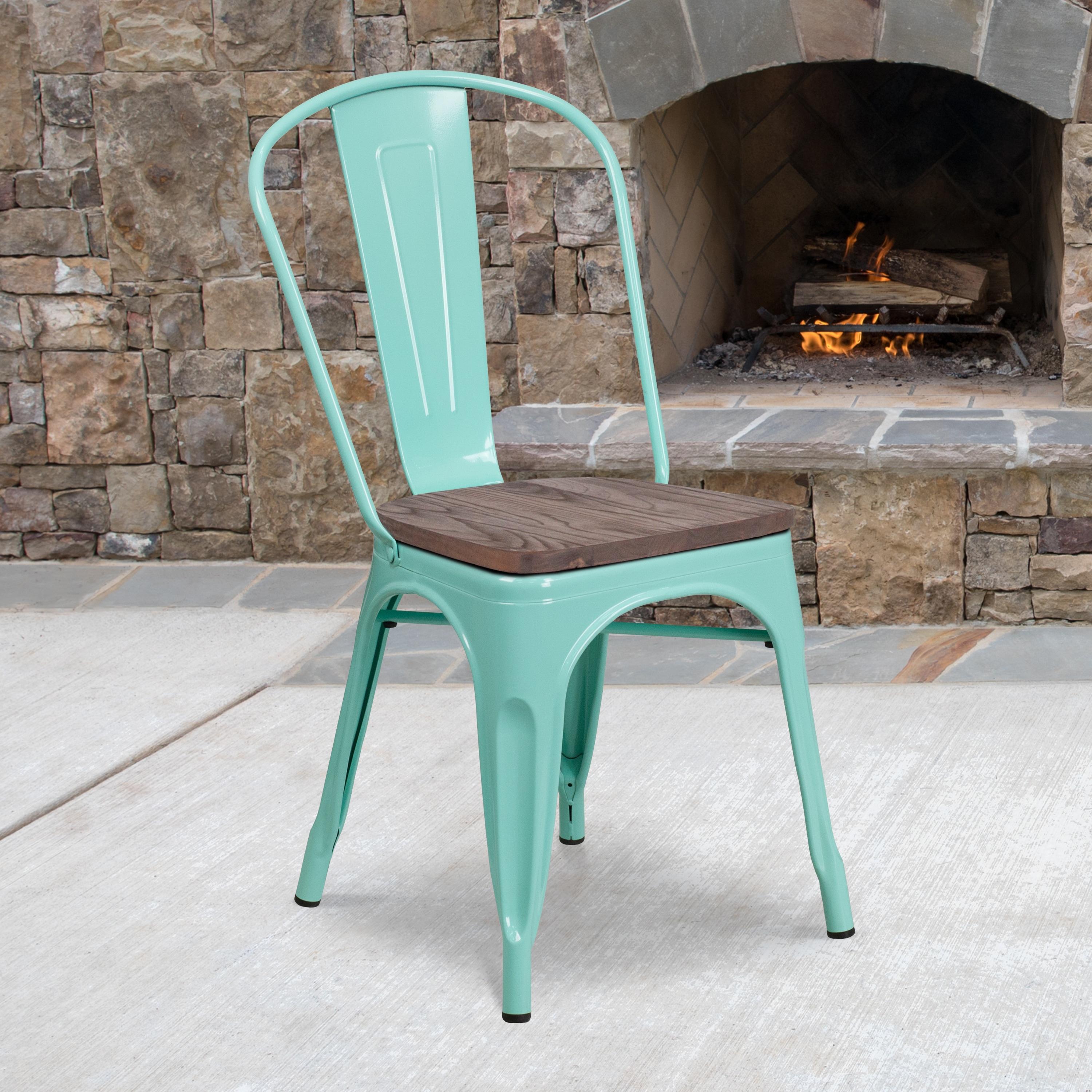 Flash Furniture Mint Green Metal Stackable Chair with Wood Seat