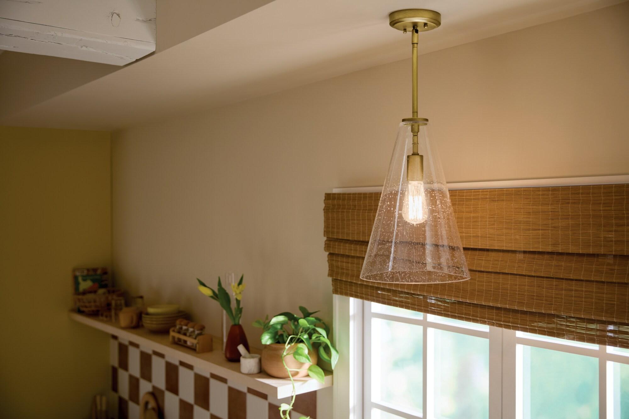 Natural Brass Mini Pendant with Clear Seeded Glass Shade