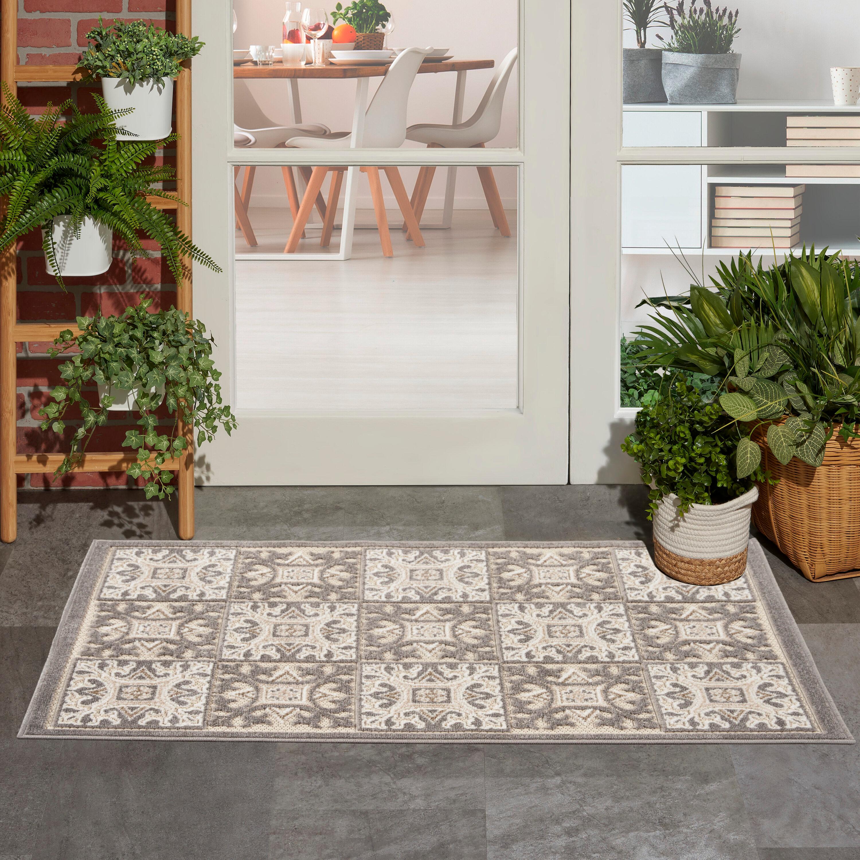 Nourison Aloha Modern Mosaic Flatweave High-Low Indoor Outdoor Area Rug Ivory Grey 2'8" x 4'