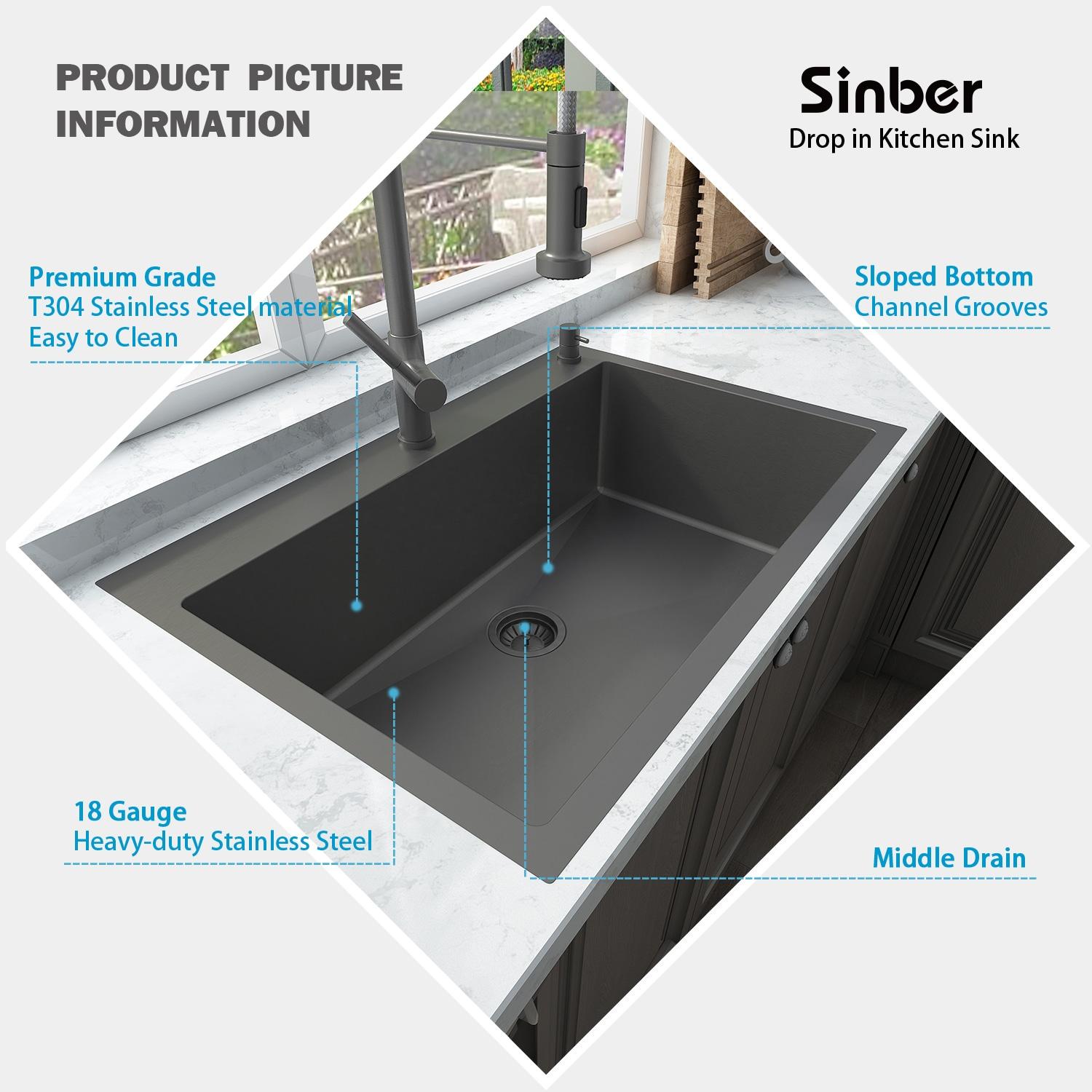 33" Black Stainless Steel Single Bowl Kitchen Sink with Drainboard