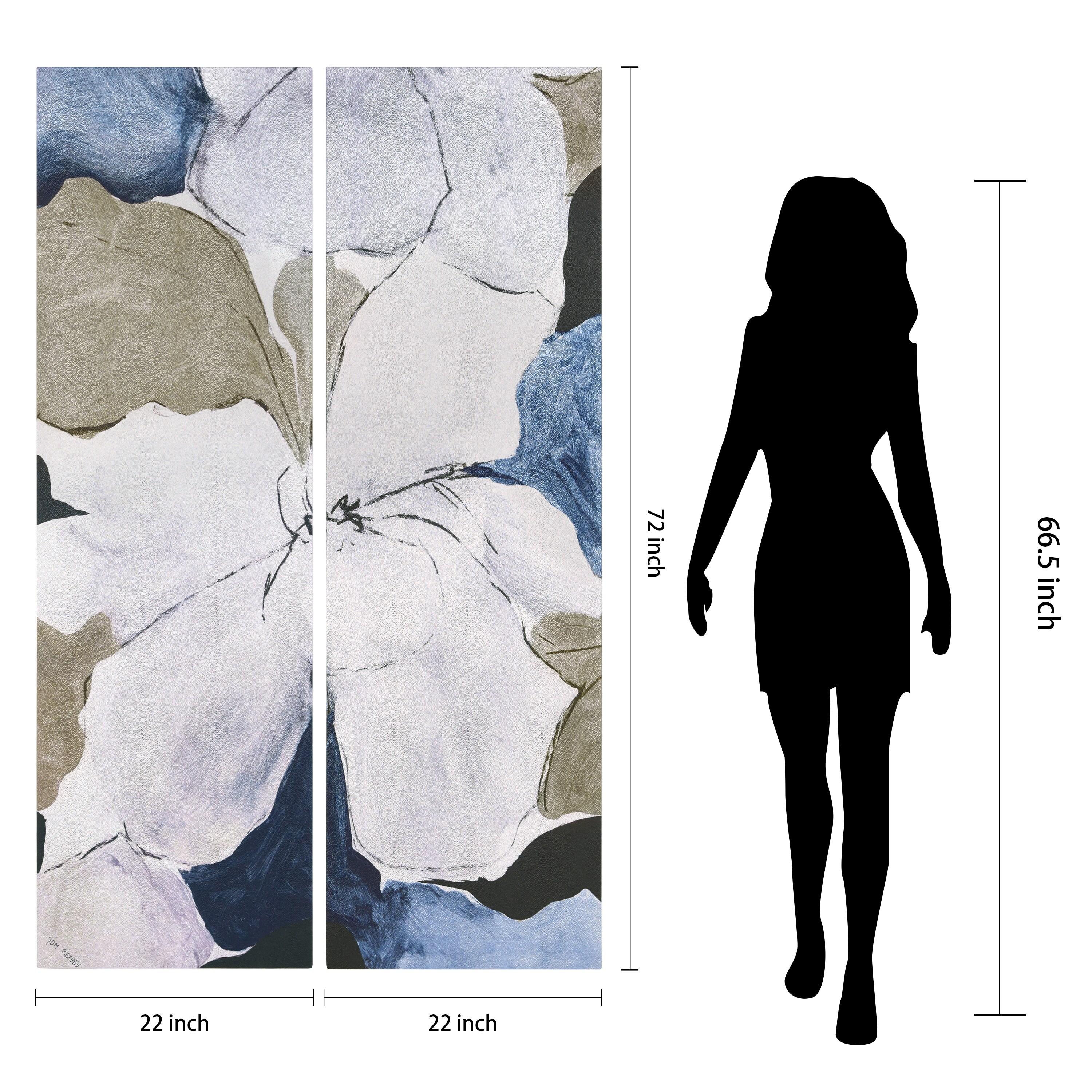 "Floral Serenity I & II", Flower Abstract Artwork on Silver Shagreen Wrapped Canvas Wall Art Set