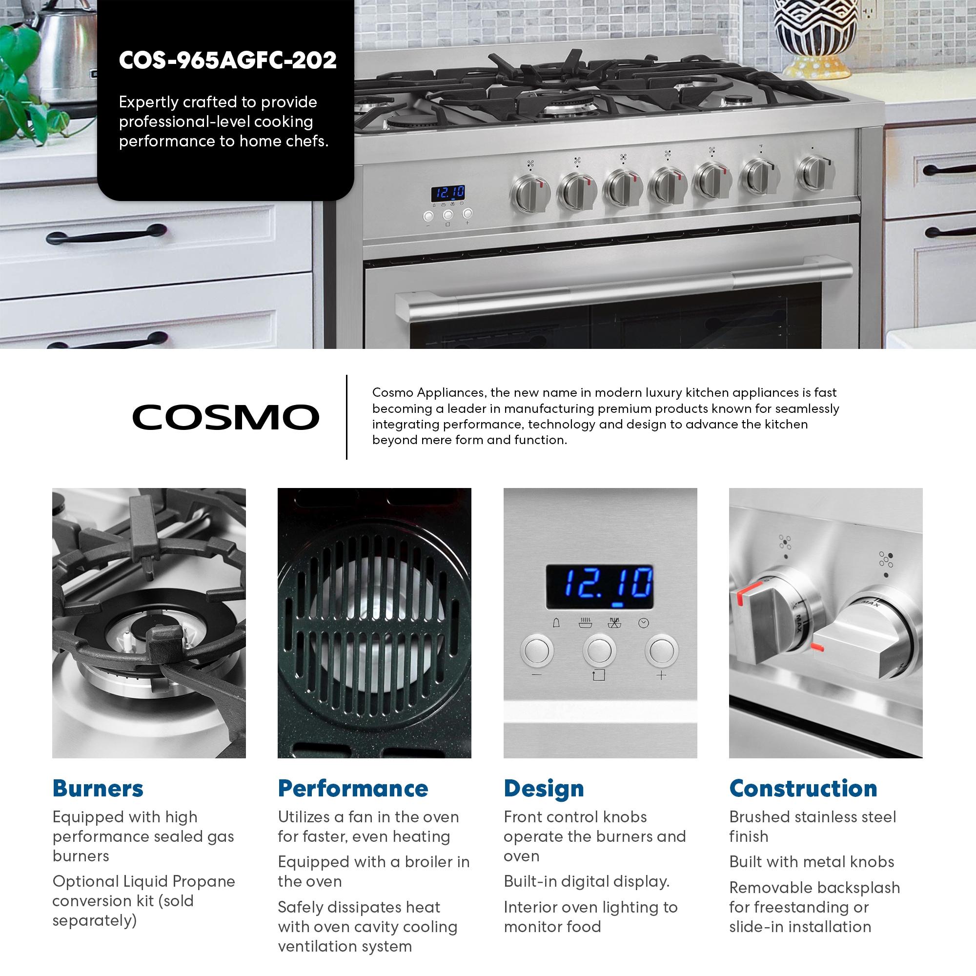 Cosmo 36 in. Nebula Collection 3.8 cu. ft. Gas Range, 5 Burners, Rapid Convection Oven, Textured Grip Handle, Stainless Steel