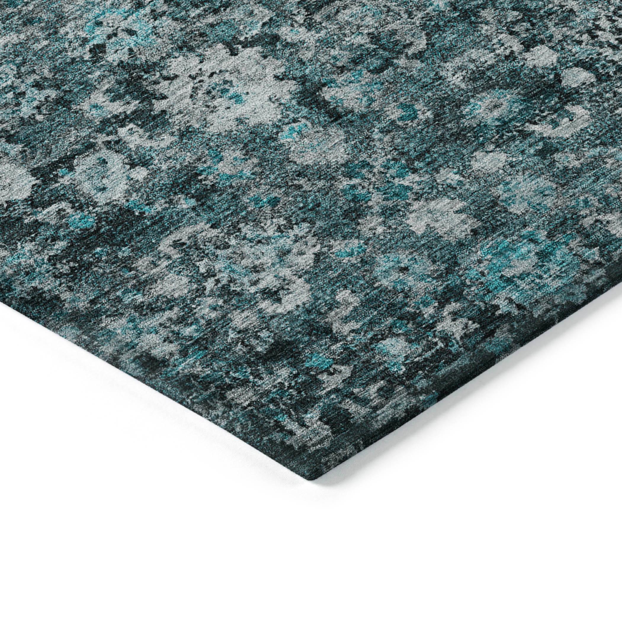 Teal and Gray Round Machine-Washable Synthetic Rug