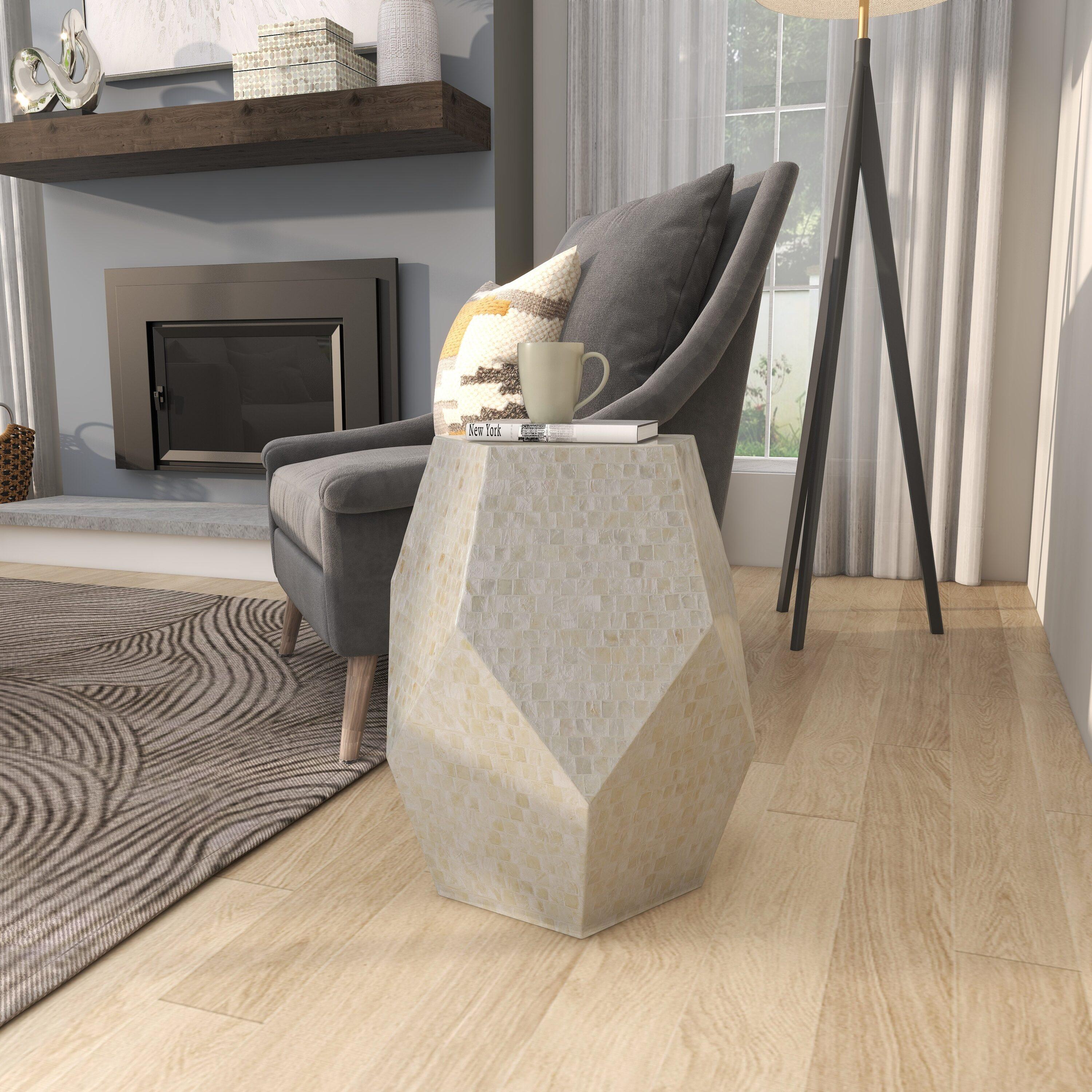 Olivia & May Contemporary Mussel Shells and Wood Accent Table Dark Gray: Hexagonal Wooden Pedestal, No Assembly Required