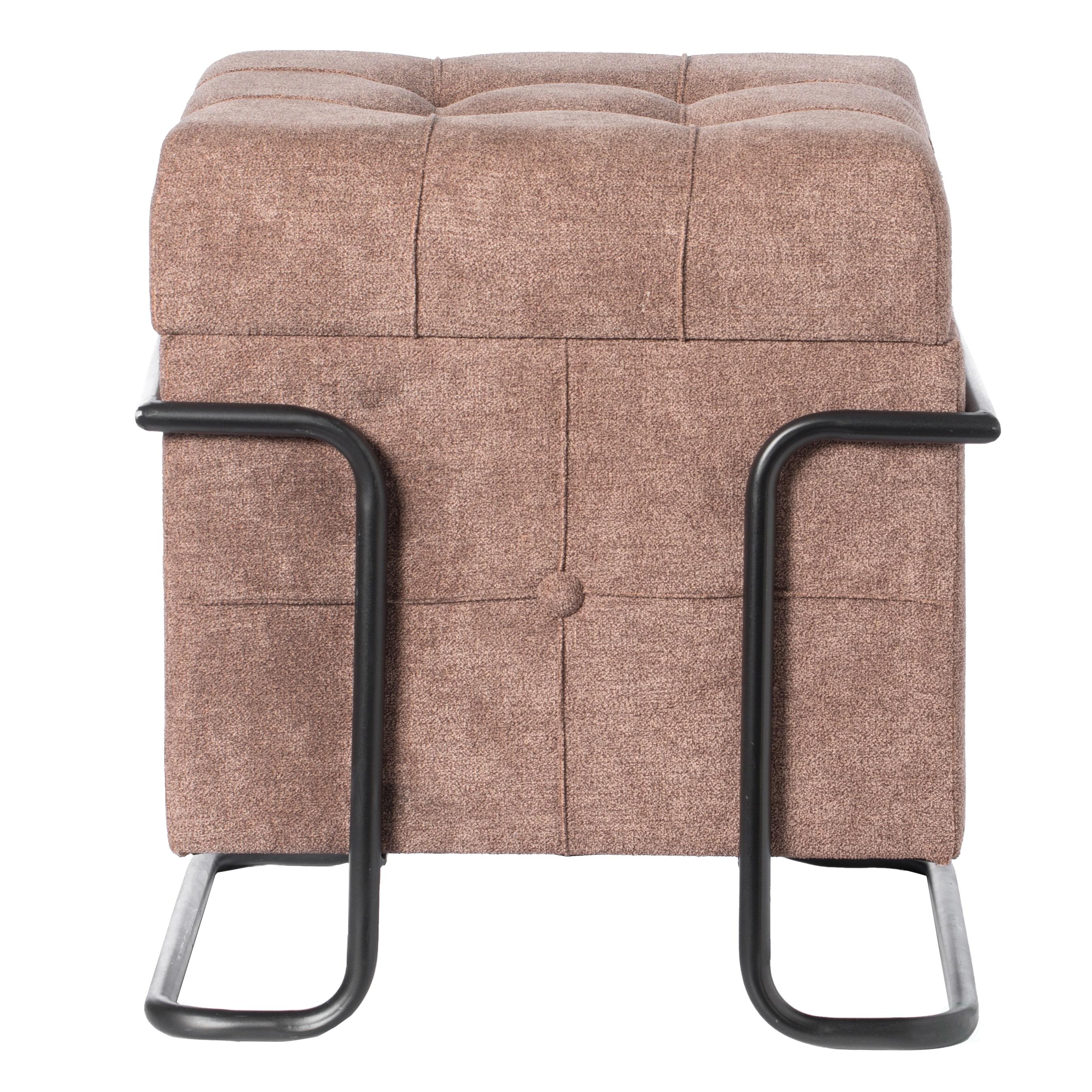 Fabulaxe Square Fabric Storage Ottoman with Black Metal Frame, Brown