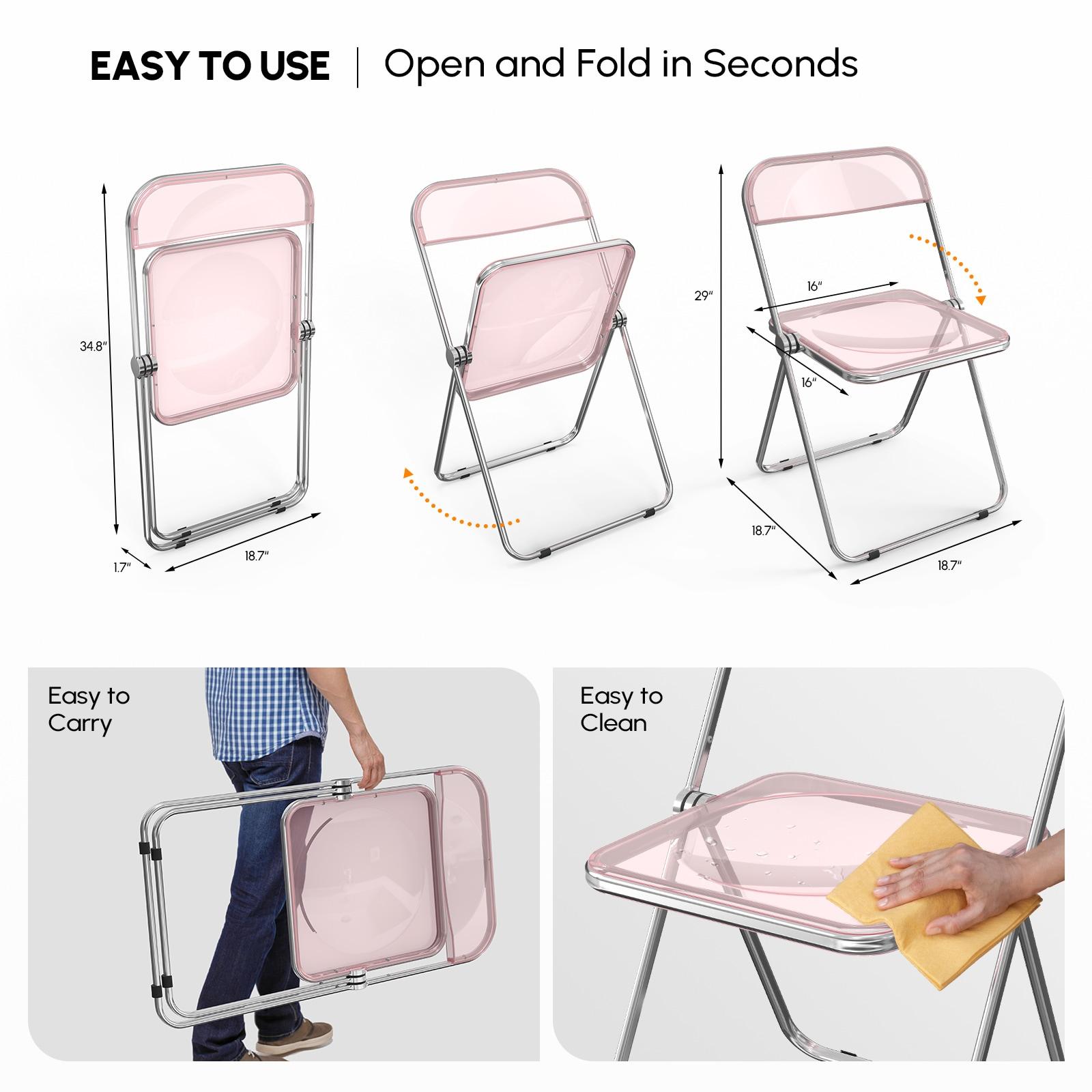 Zimtiown Set of 2 Folding Chairs Transparent Armless  Portable Chair,  Arylic Folding Chair for Weeding, Cafeteria, Resturant Compact Chairs for Study Class Room, Pink