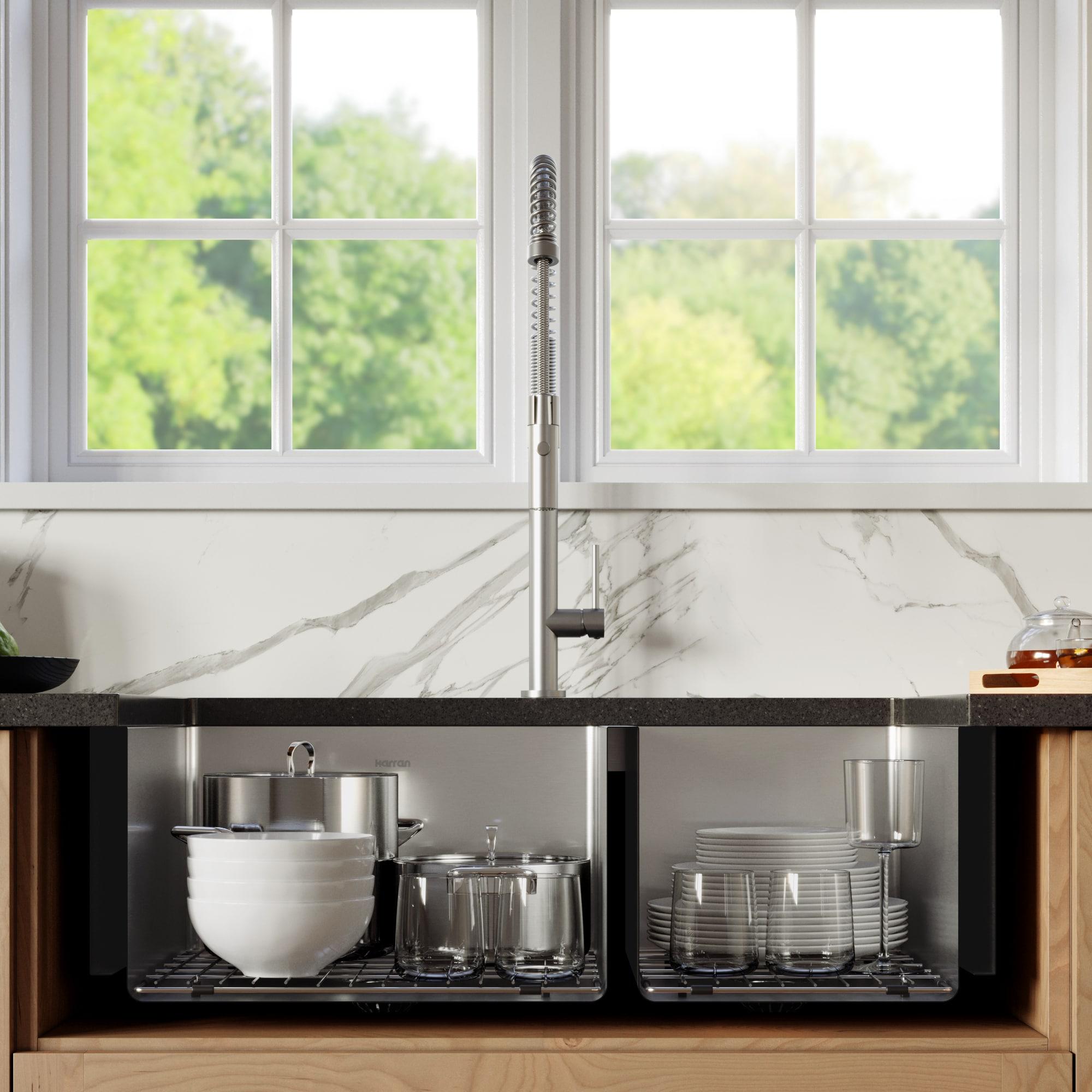 Karran 16-Gauge Stainless Steel 33'' X 22-1/4'' 60/40 Double Bowl Farmhouse Apron Front Sink Kit