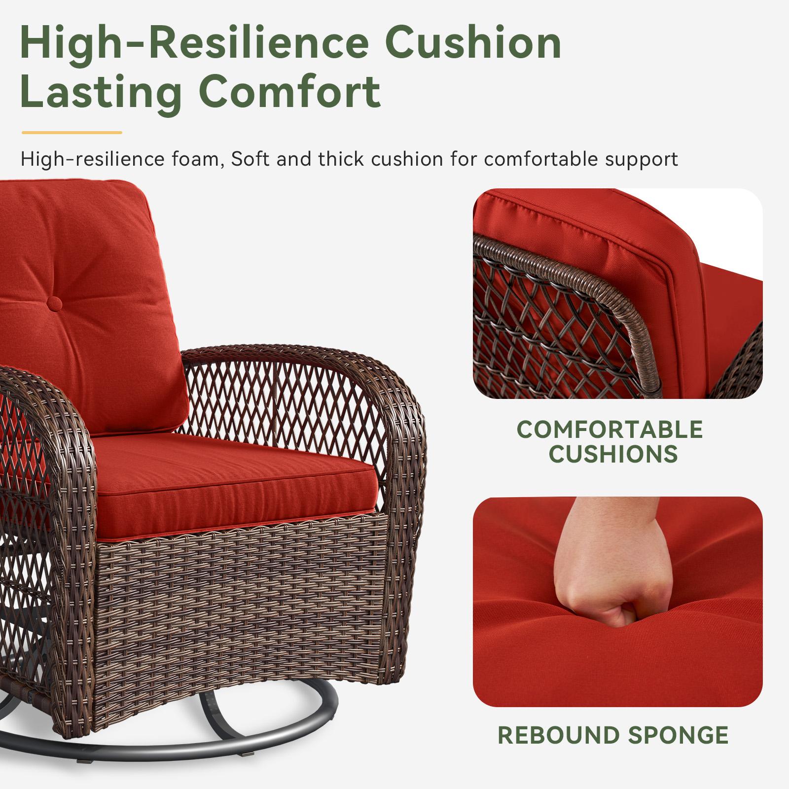 MRUAKA 3 Pieces Patio Furniture Set, Outdoor Swivel Gliders Rocker, Wicker Patio Bistro Set with Rattan Rocking Chair, Glass Top Side Table and Thickened Cushions for Porch Deck Backyard(Red)