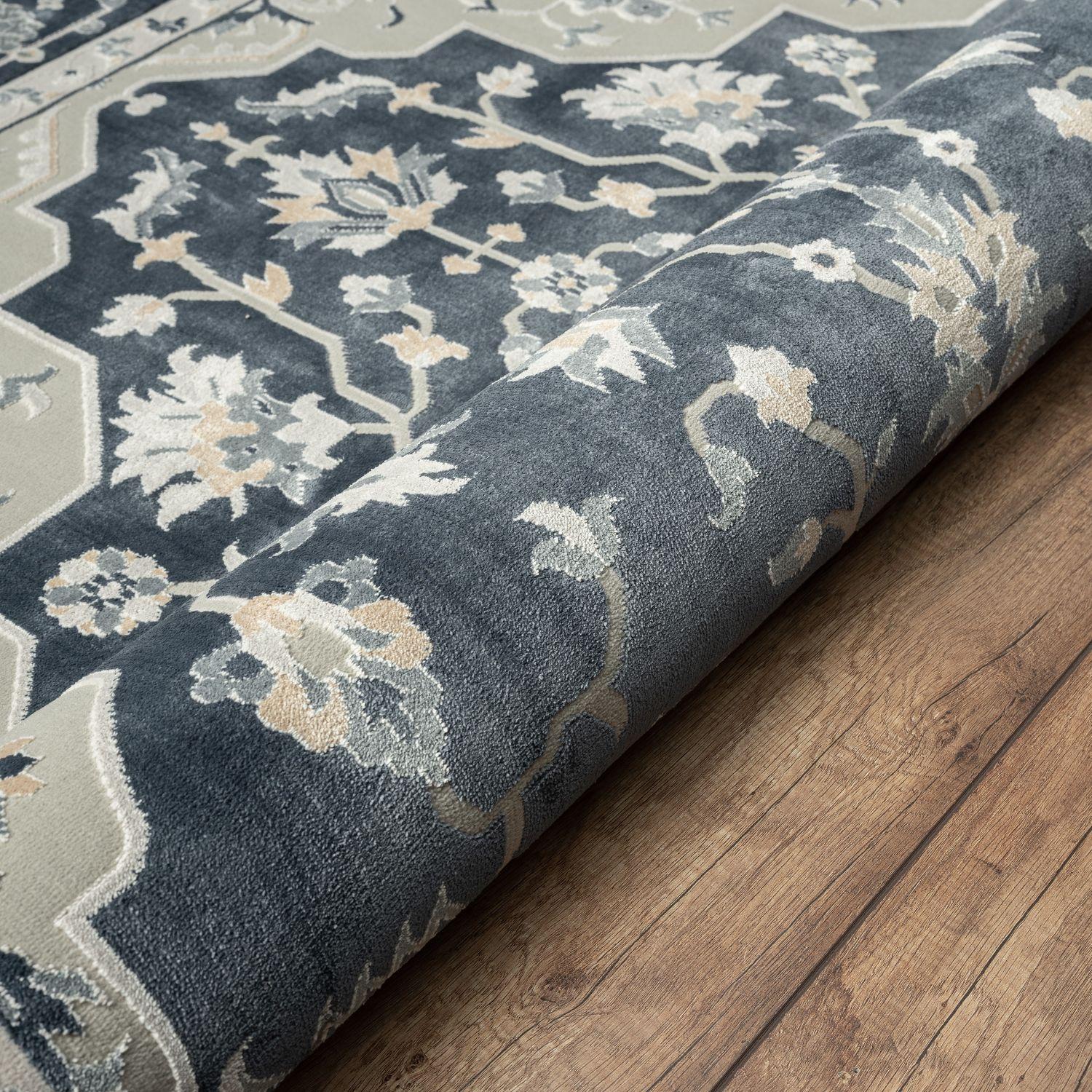 LR Home Imara Kate Navy/Light Gray Traditional Floral Polyester Area Rug, 5'3" x 7'6"