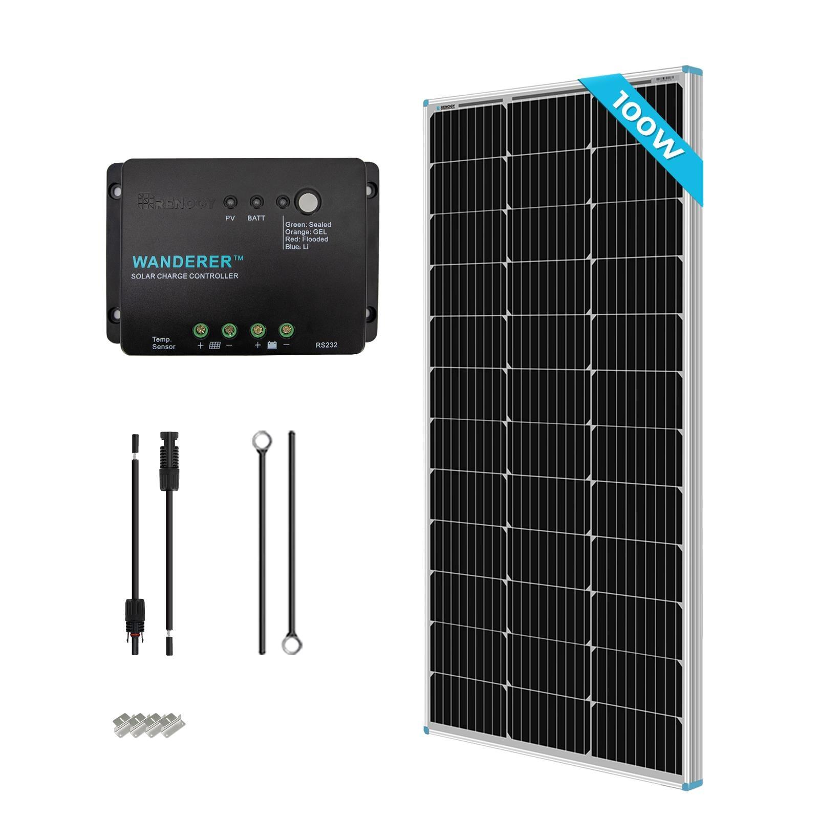 Renogy 100W 12V Solar Panel Monocrystalline Off Grid Starter Kit with 30A Wanderer Charger Controller