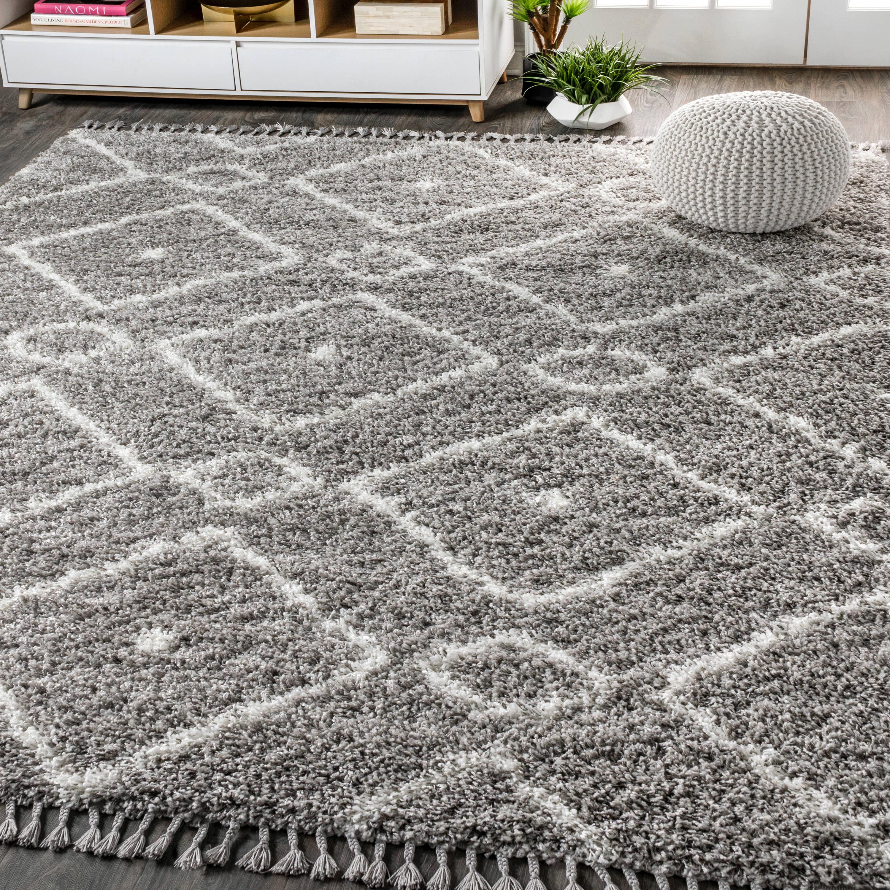 3'x5' Mercer Shag Plush Tassel Moroccan Diamond Area Rug, Grey/Cream - JONATHAN Y