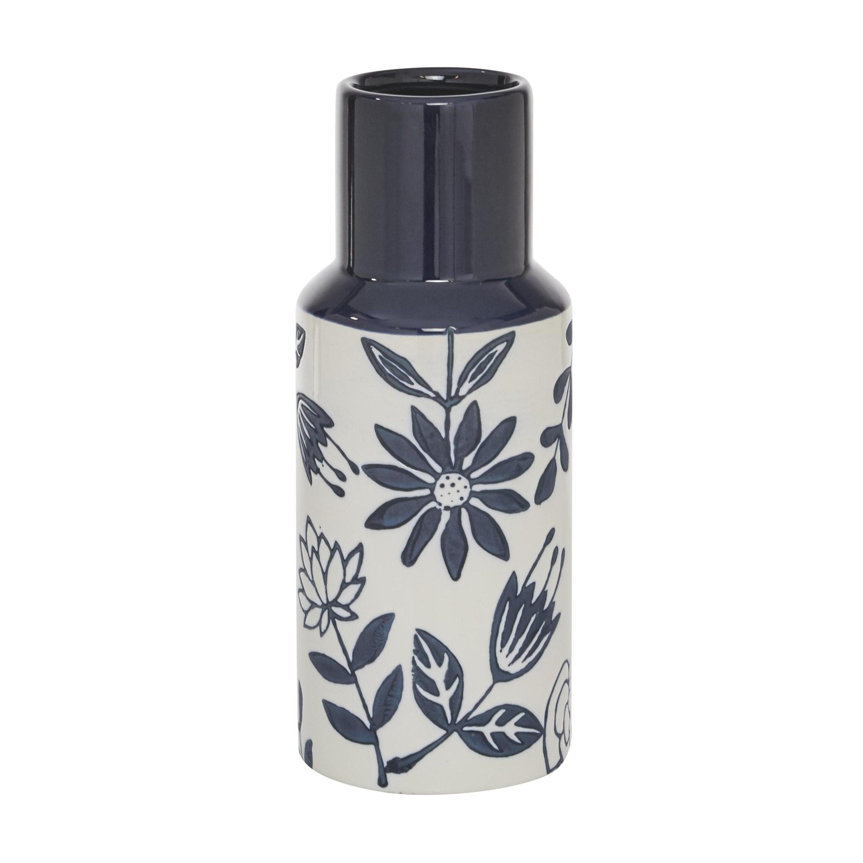 The Novogratz 12" Floral Handmade Blue Ceramic Vase