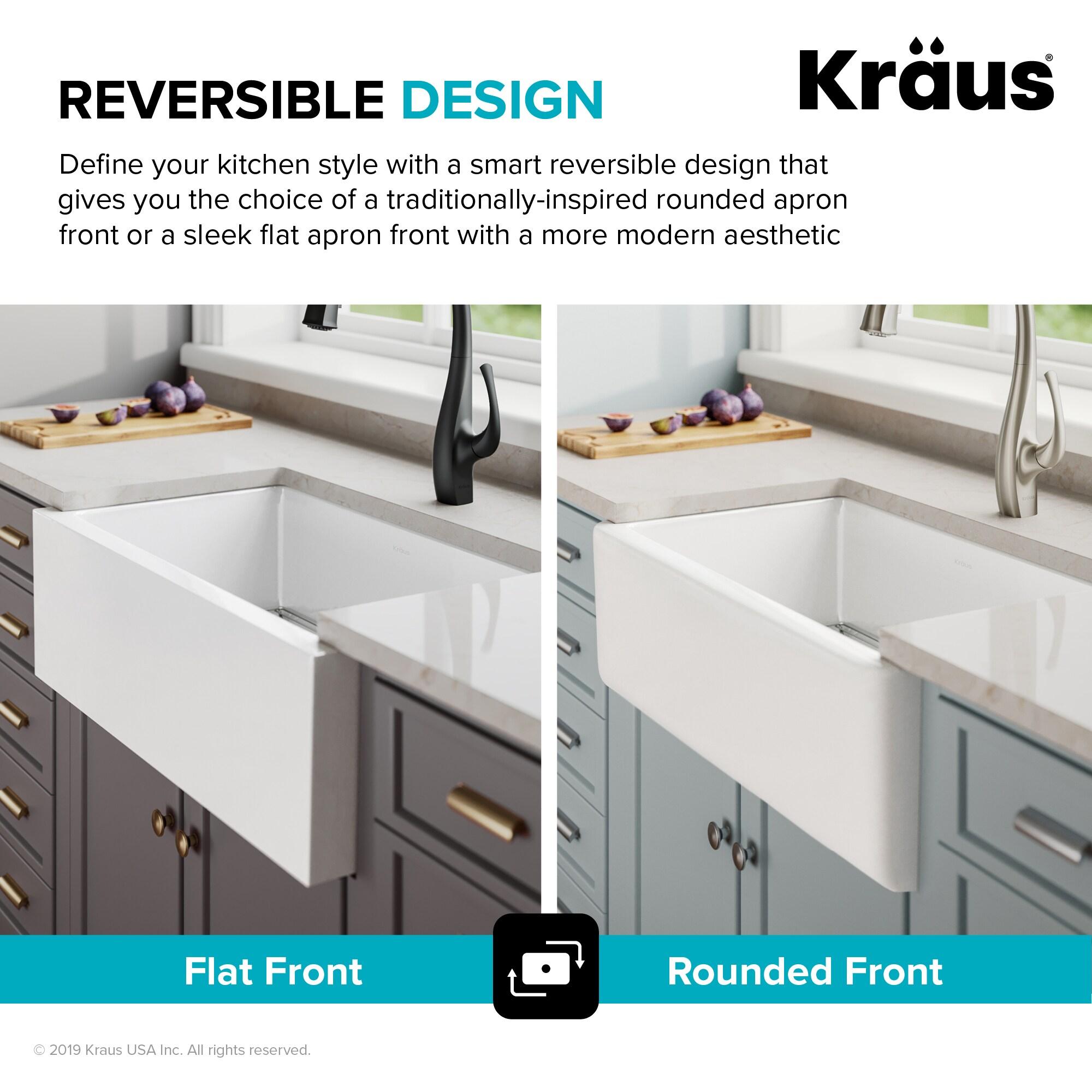 KRAUS Turino™ Reversible 33-inch L Fireclay Farmhouse Flat Apron Front Single Bowl Kitchen Sink with Bottom Grid
