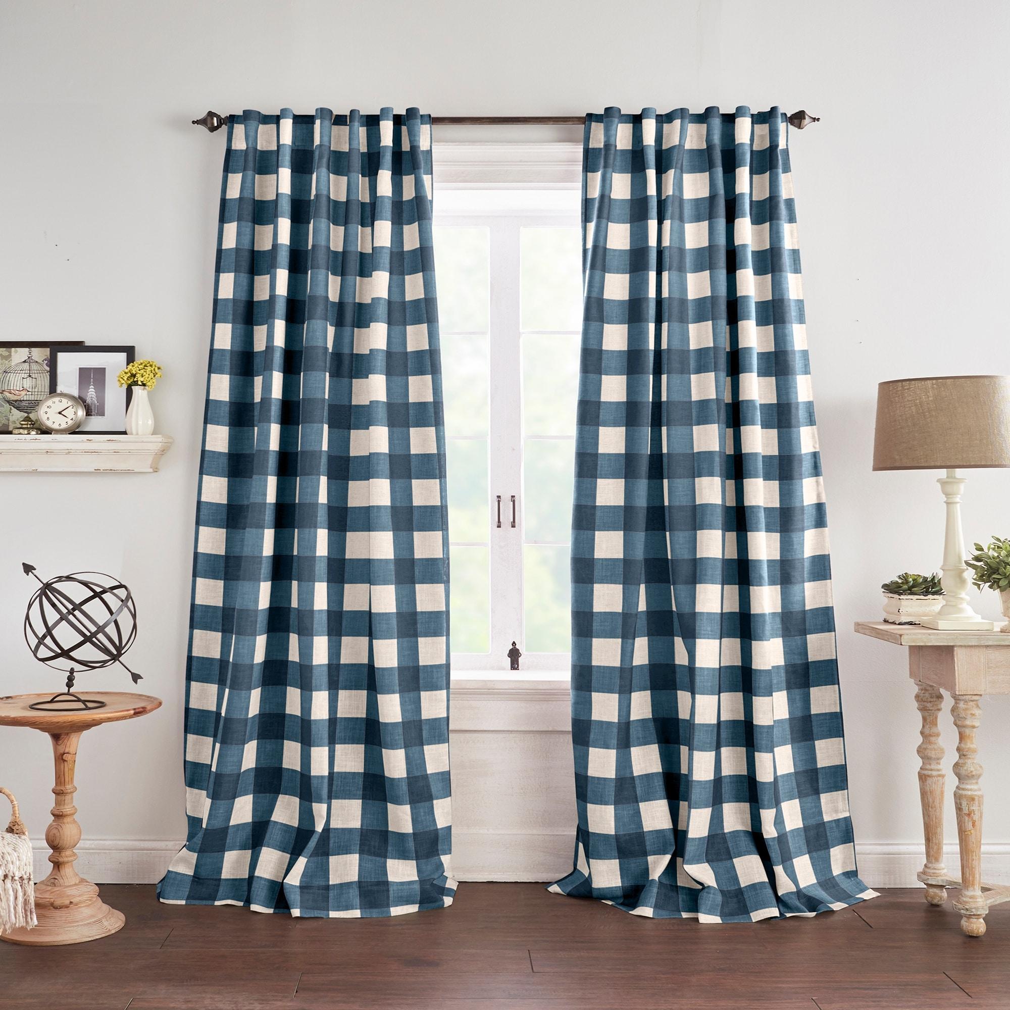 Grainger Buffalo Check Lined Room Darkening Single Window Curtain Panel - 52" x 95" - Indigo - Elrene Home Fashions